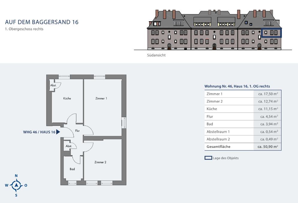 Grundriss einer Wohnung mit zwei Zimmern, Küche, Bad, Flur und Abstellräumen.
