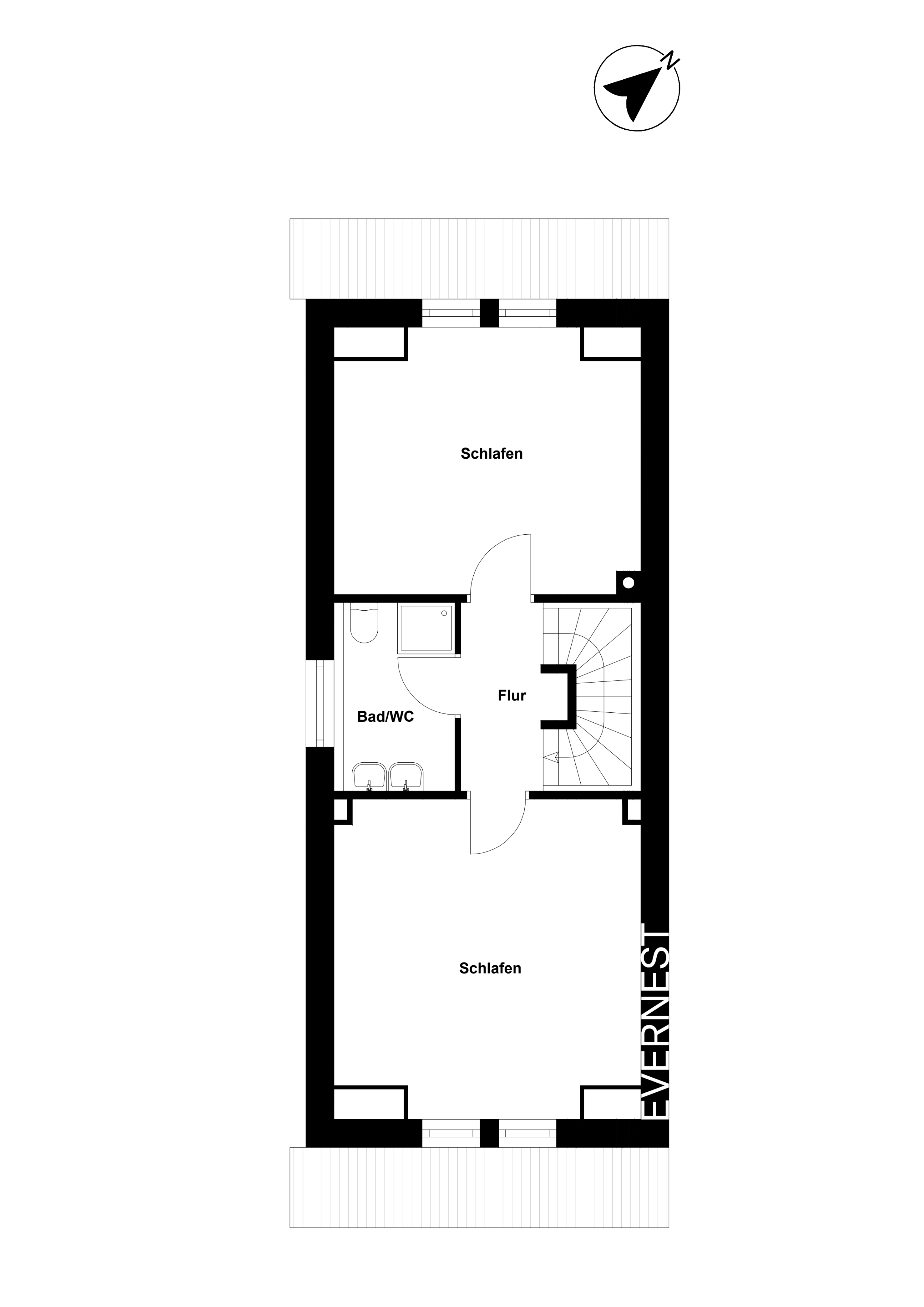 Grundriss mit zwei Schlafzimmern, einem Bad/WC und einem Flur mit Treppe.