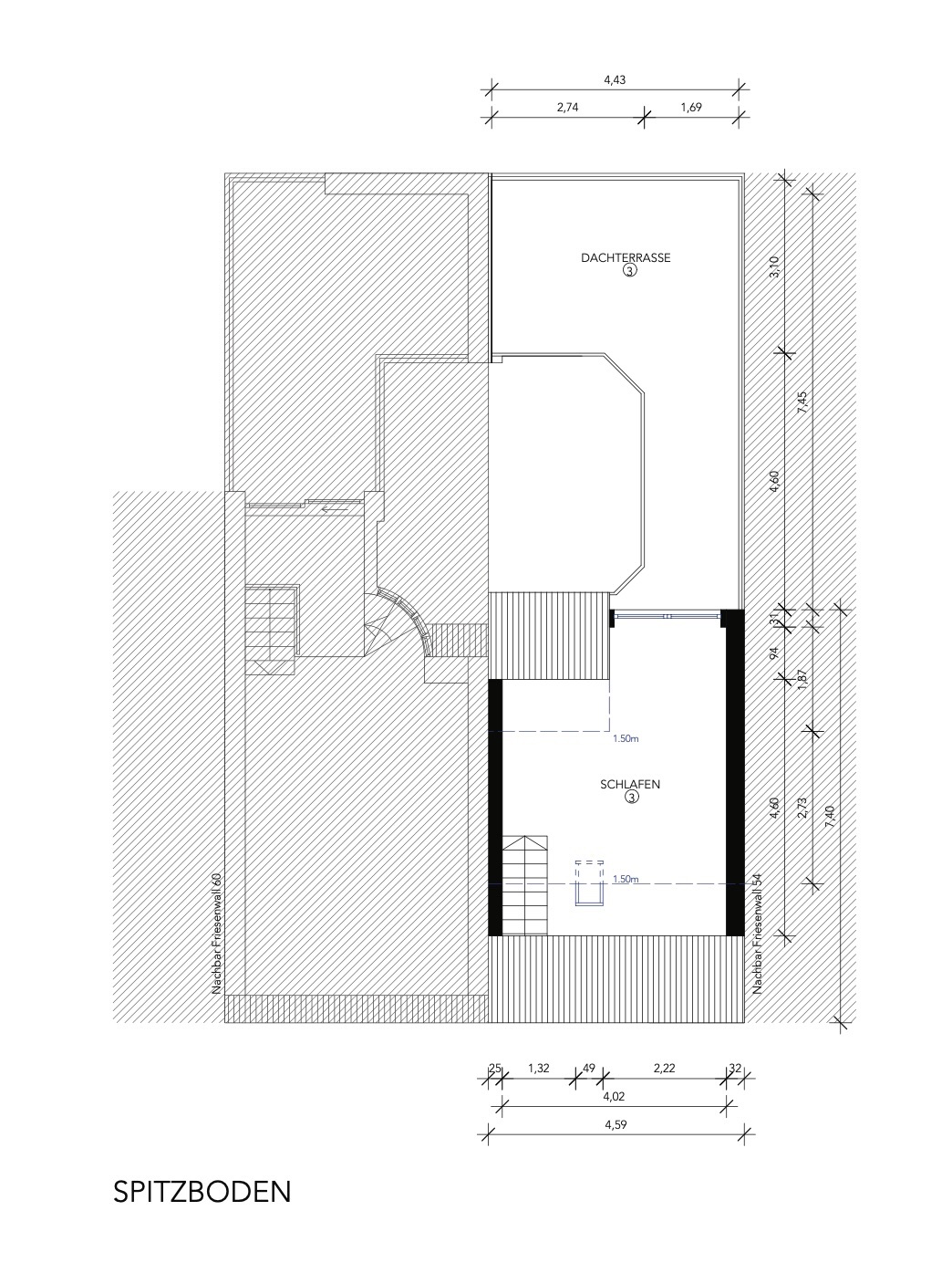 Grundriss eines Spitzbodens mit Schlafbereich und Dachterrasse.