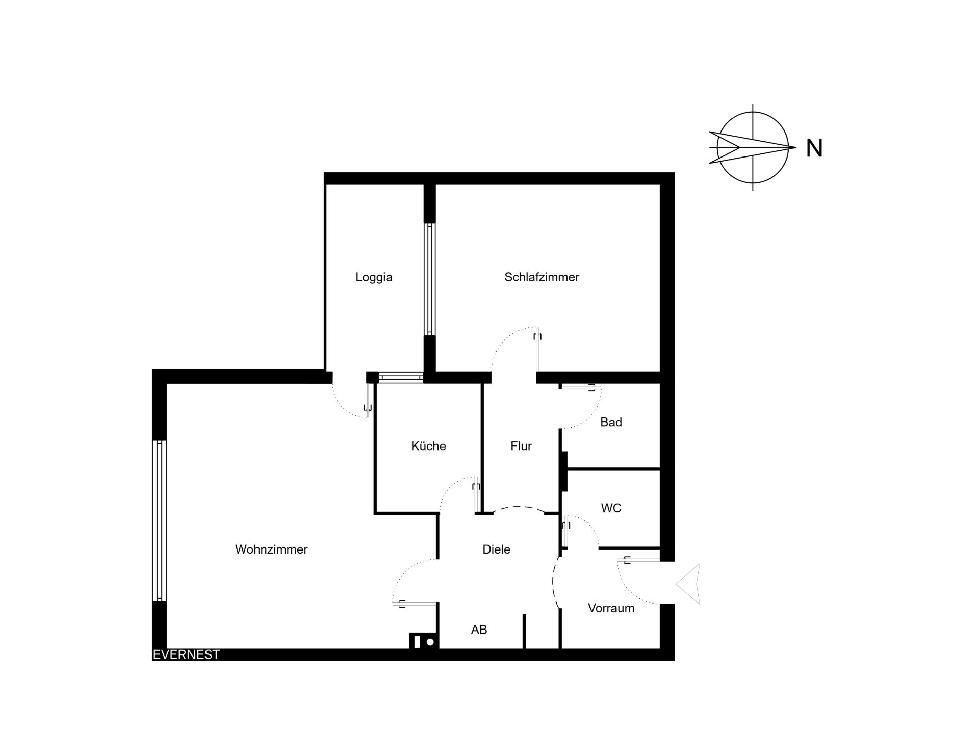 Grundriss einer Wohnung mit Wohnzimmer, Schlafzimmer, Küche, Bad, WC, Loggia und Flur.