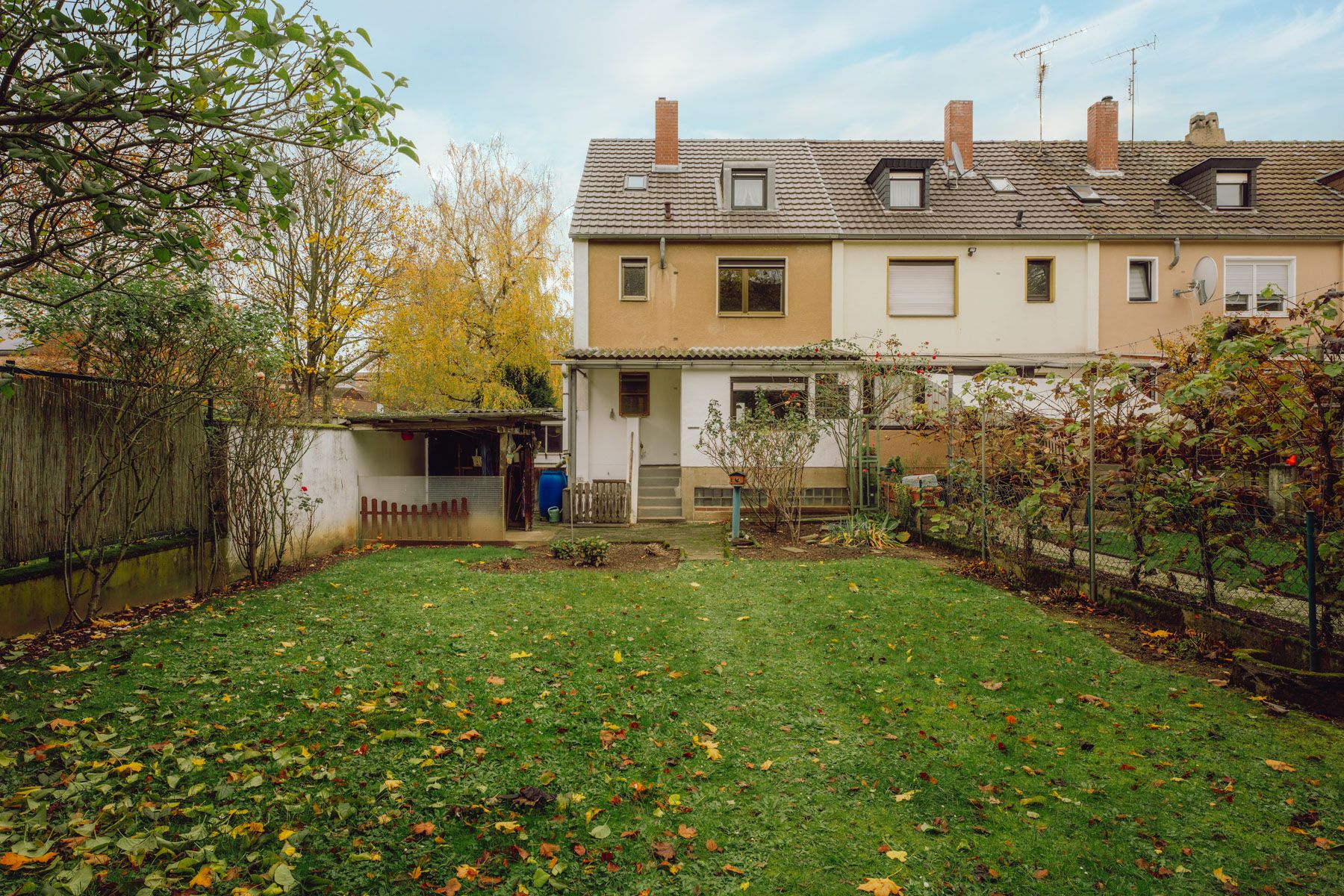 Rückseite eines Reihenhauses mit Garten, Rasen und einigen Bäumen im Herbst.