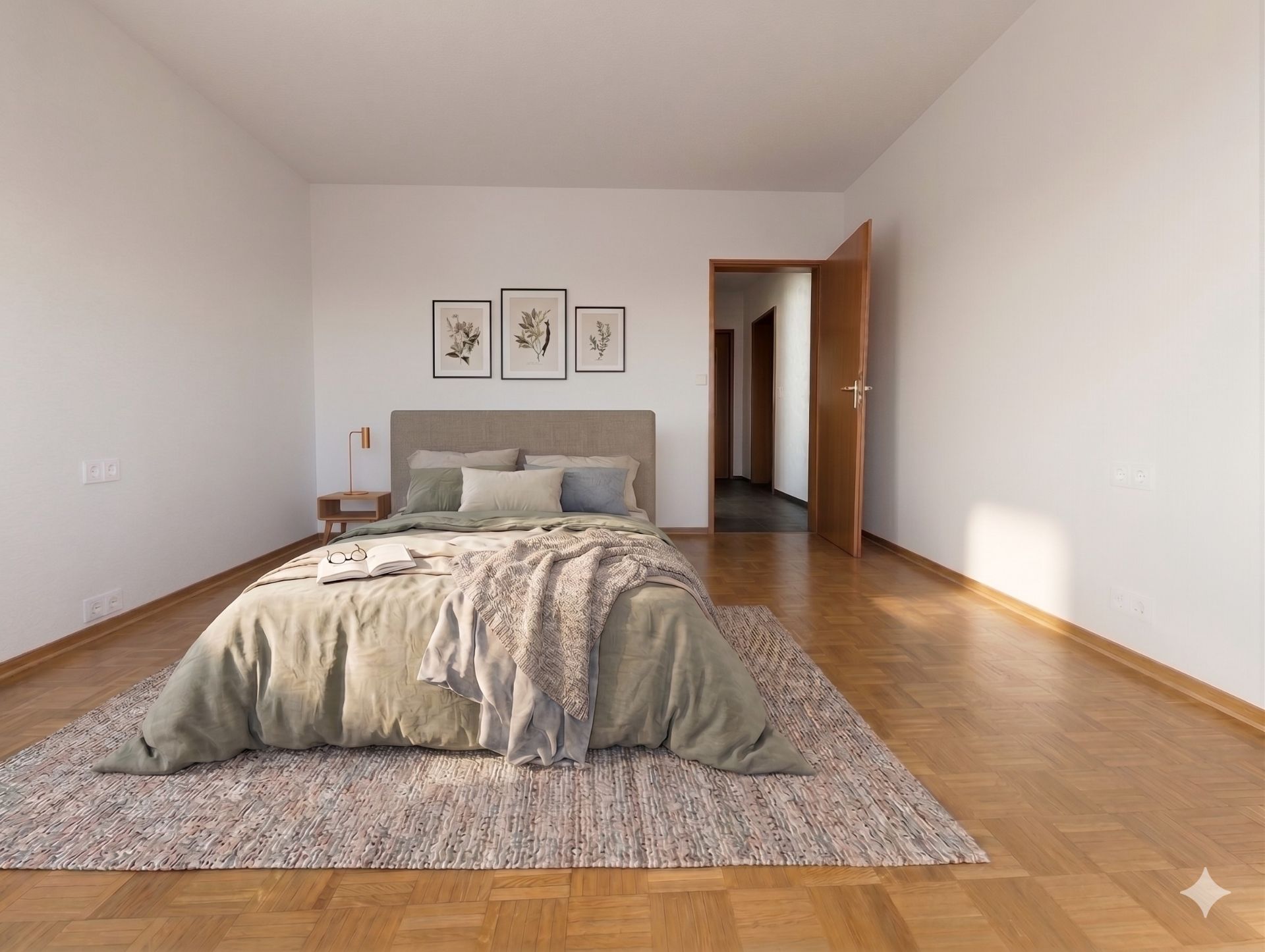 Schlafzimmer mit Doppelbett, Nachttisch, Holzboden und drei Bildern an der Wand.