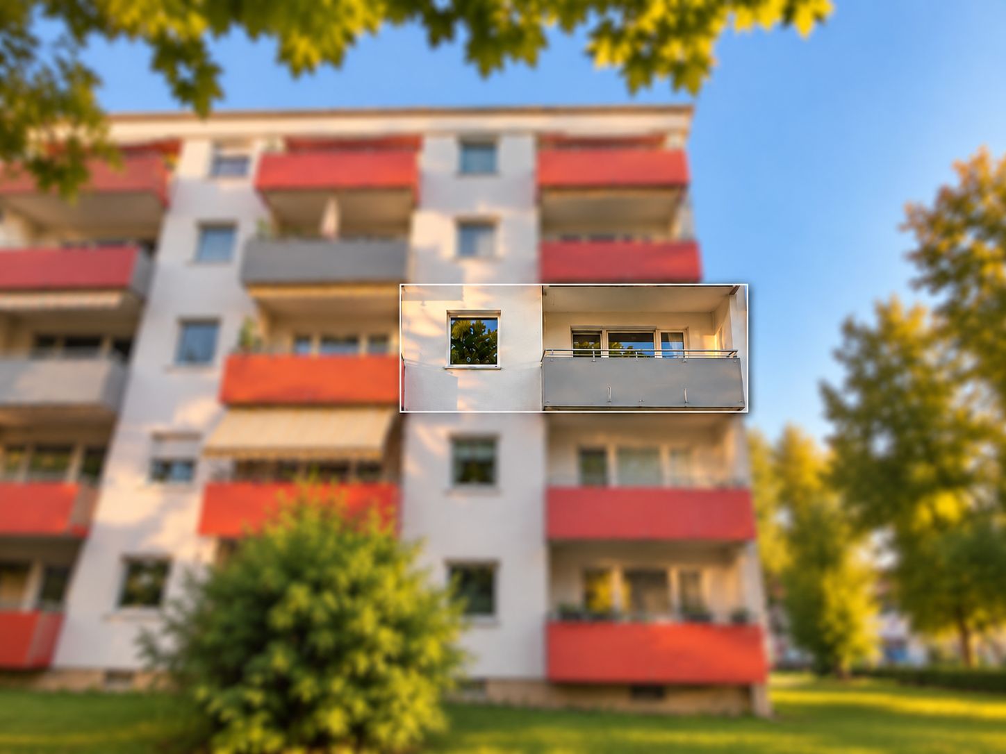 Mehrstöckiges Wohnhaus mit roten Balkonen, ein Bereich im zweiten Stock ist hervorgehoben.