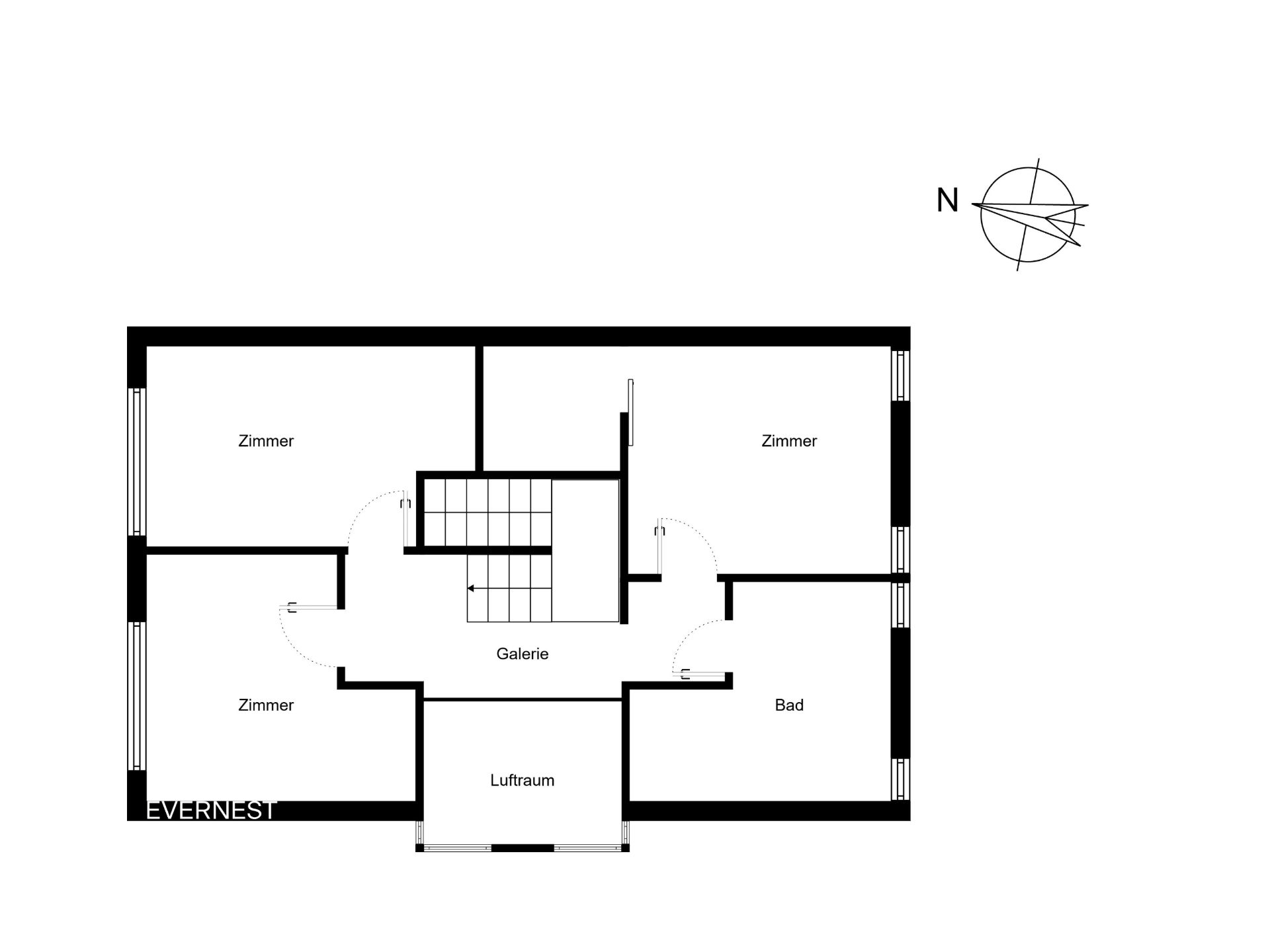 Grundriss mit drei Zimmern, Galerie, Bad und Luftraum. Treppe in der Mitte.