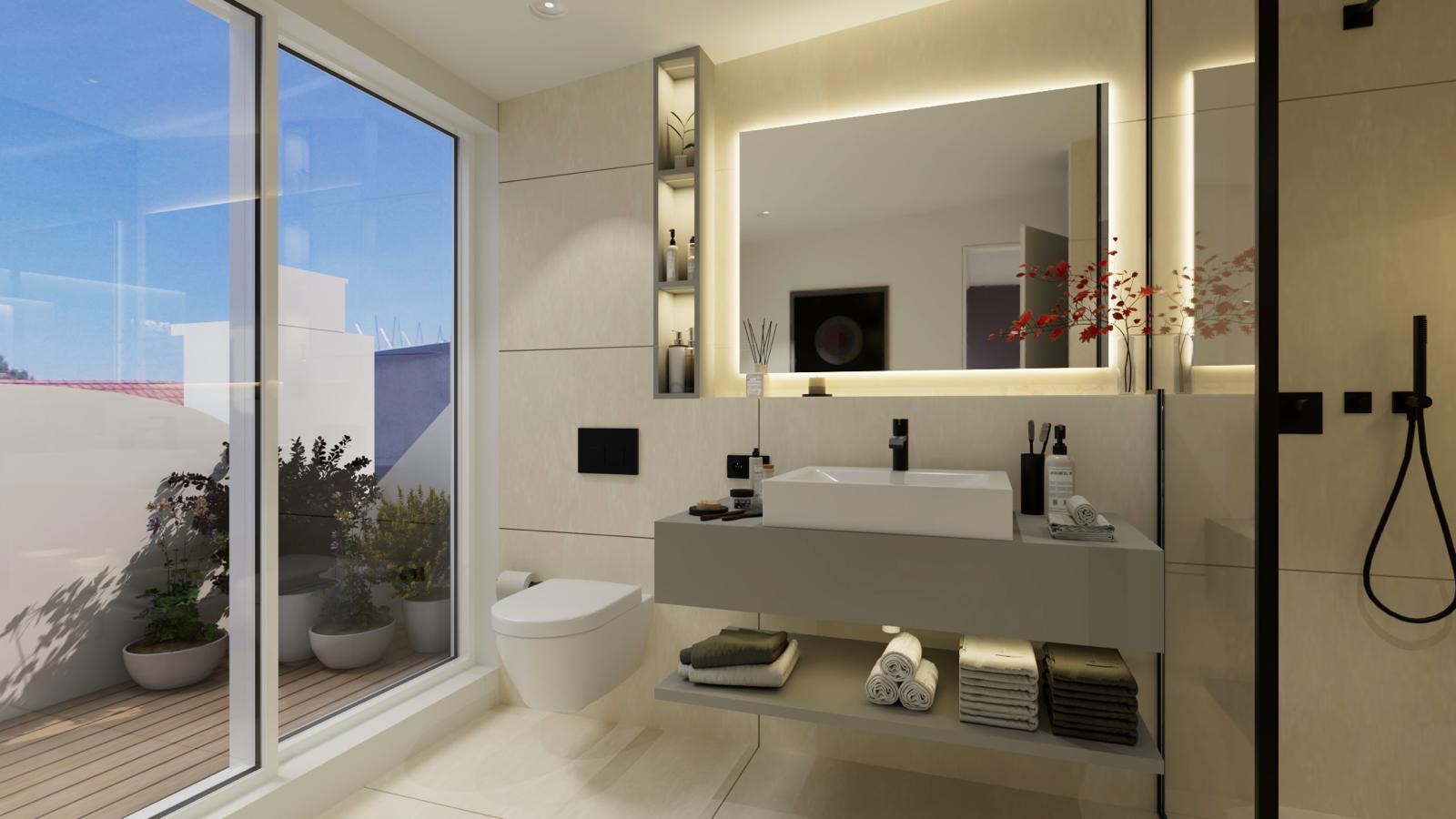 Modernes Badezimmer mit großem Spiegel, Waschbecken, Toilette und Zugang zu einer Terrasse mit Pflanzen.