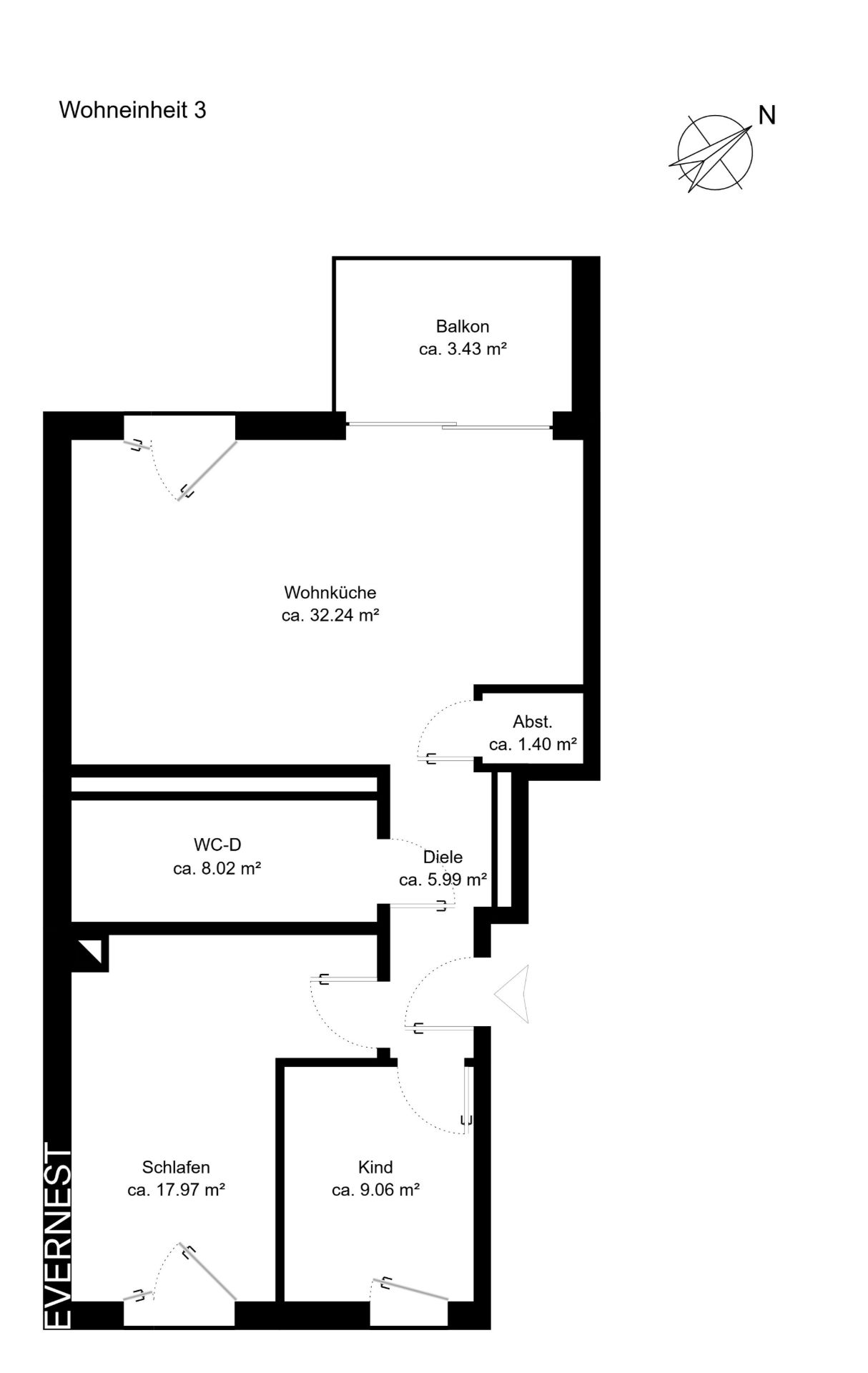 Grundriss einer Wohnung mit Wohnküche, Balkon, Bad, Schlafzimmer, Kinderzimmer und Abstellraum.