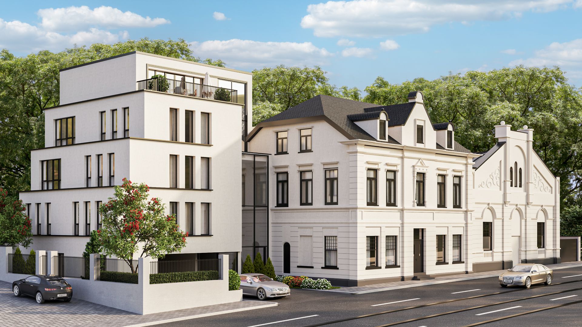 Moderne und klassische Wohngebäude nebeneinander an einer Straße mit Bäumen im Hintergrund.
