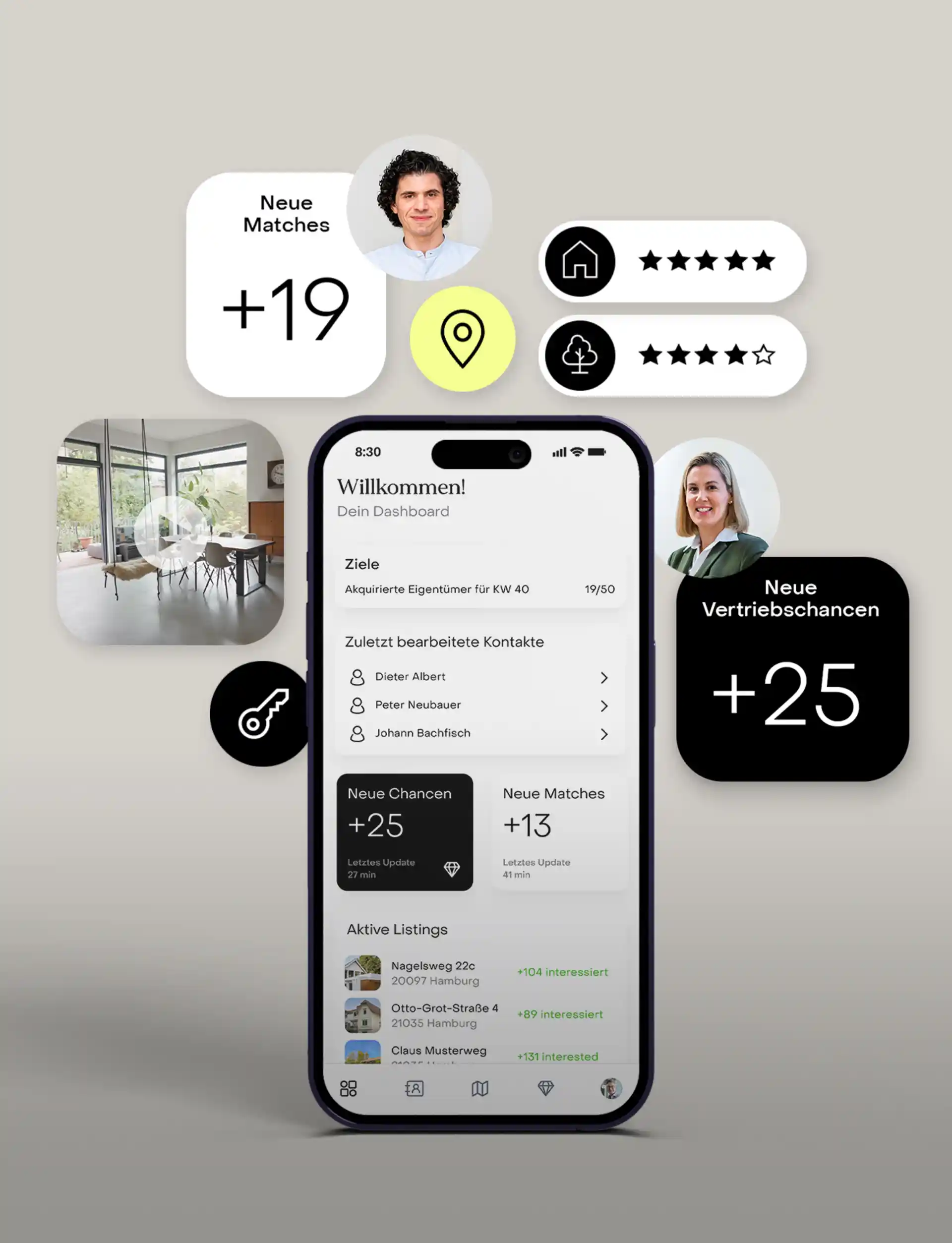 Smartphone mit Immobilien-App und Statistikelementen, daneben modernes Wohn-Esszimmer mit großen Fenstern.