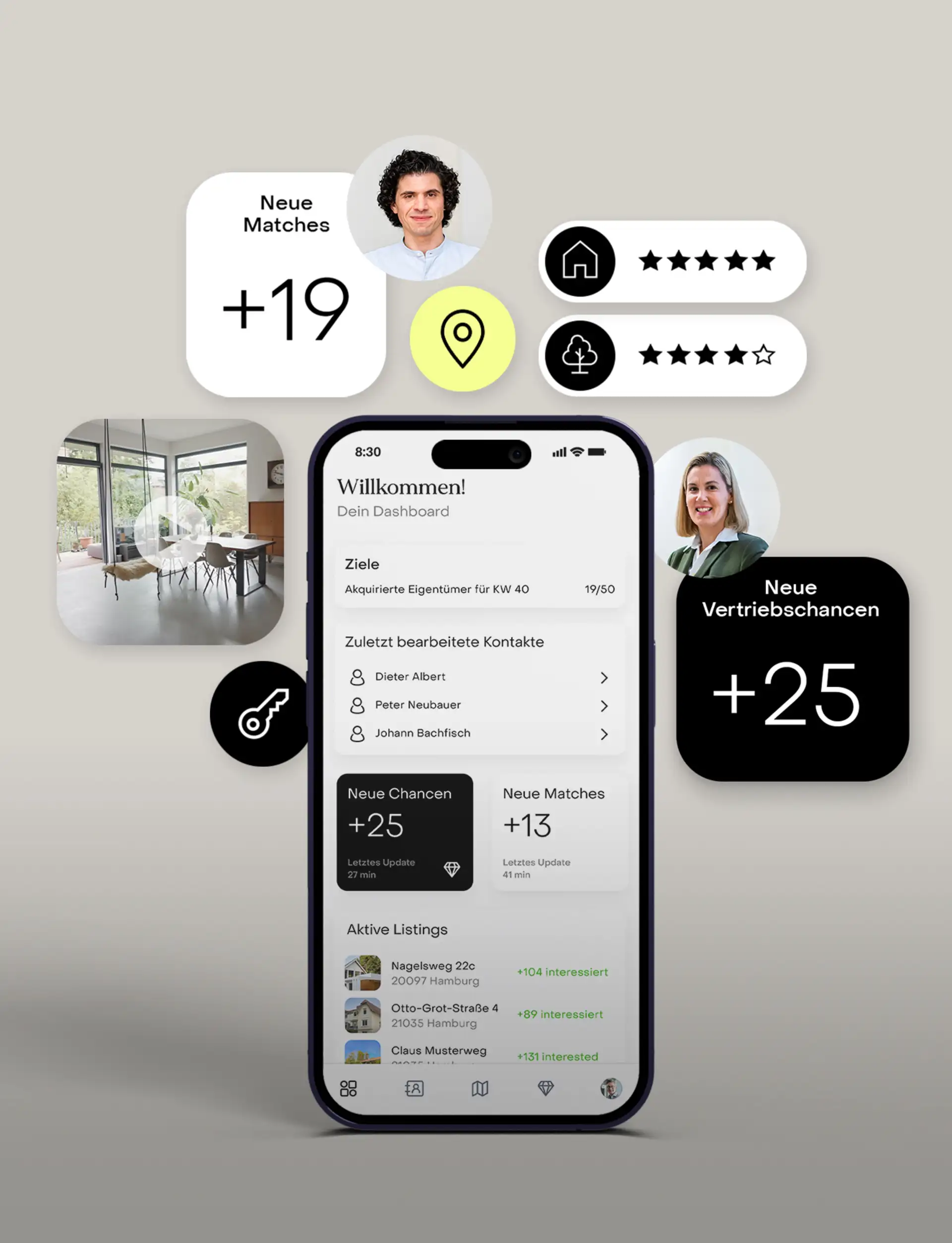 Smartphone mit Immobilien-App und Statistikelementen, daneben modernes Wohn-Esszimmer mit großen Fenstern.