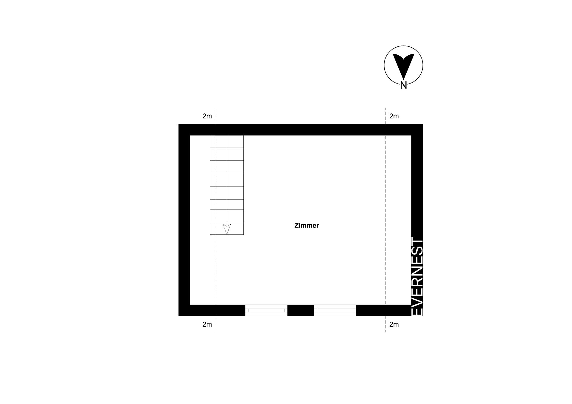 Grundriss eines rechteckigen Zimmers mit Treppe in der linken oberen Ecke.