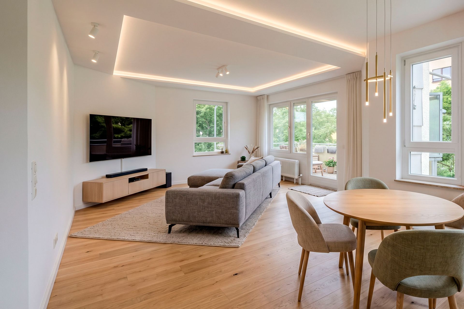 Helles Wohnzimmer mit Sofa, Fernseher, Esstisch und großen Fenstern mit Blick auf einen Balkon.