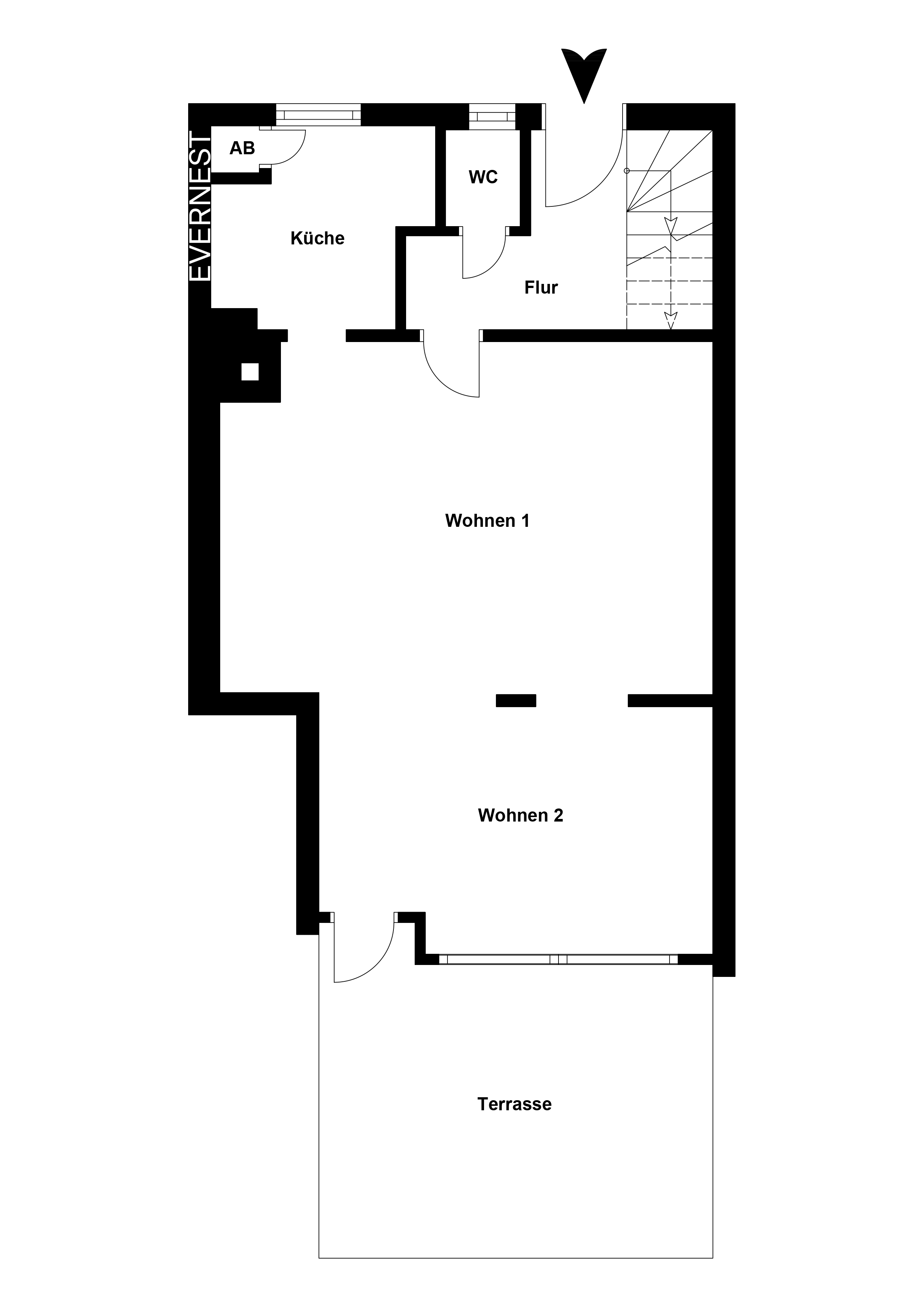 Grundriss mit Küche, WC, Flur, zwei Wohnbereichen und Terrasse.