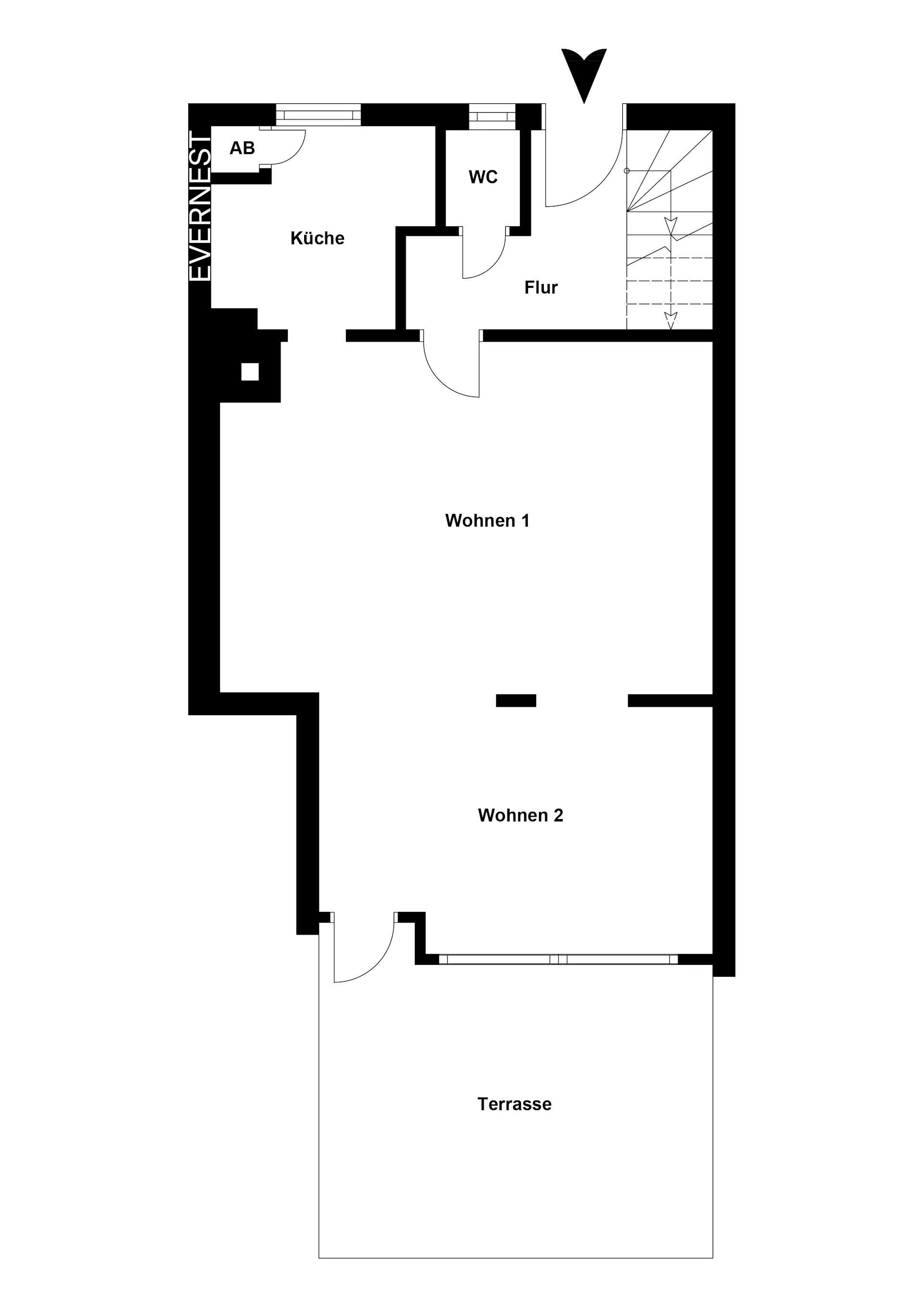 Grundriss mit Küche, WC, Flur, zwei Wohnbereichen und Terrasse.
