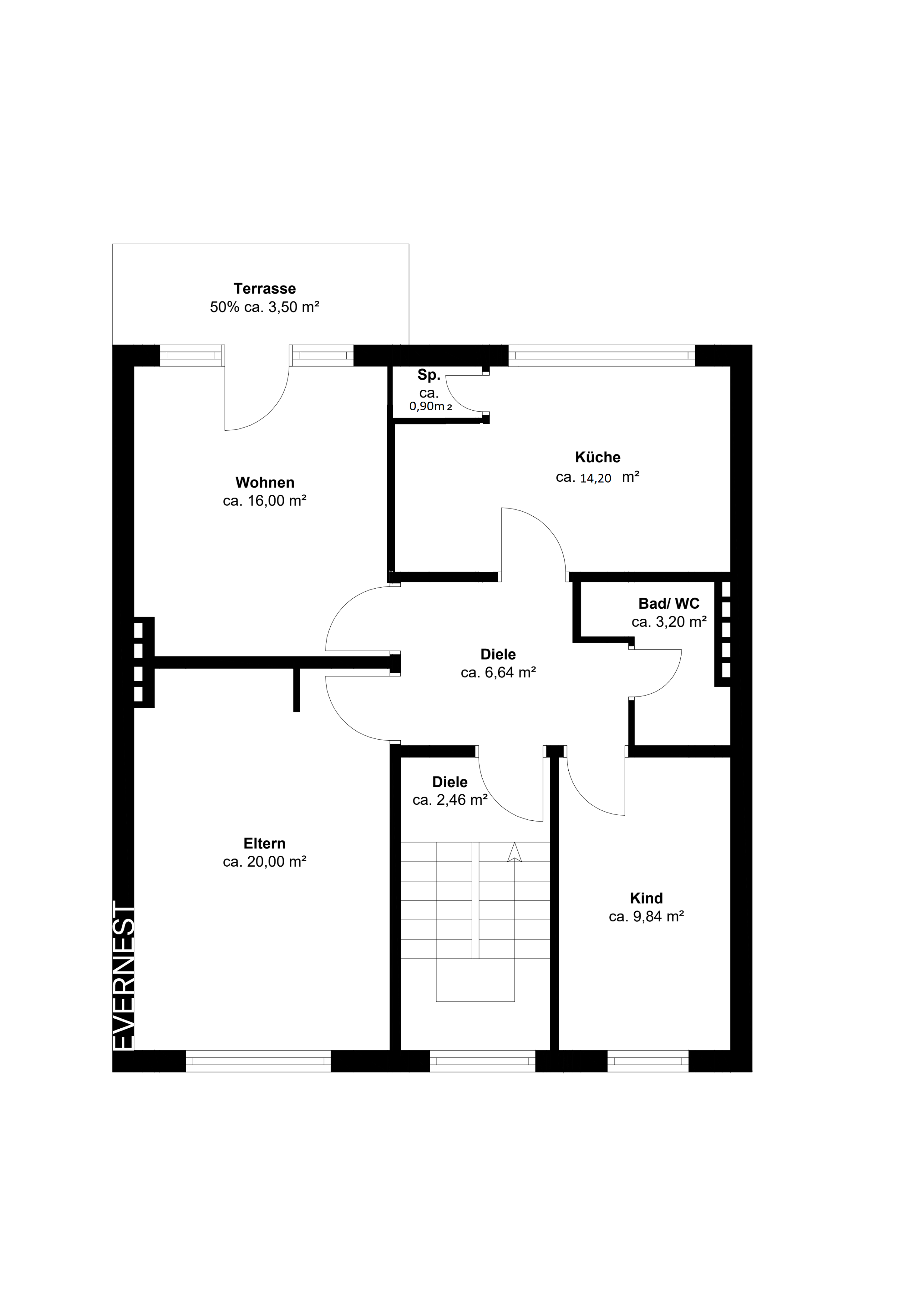 Grundriss einer Wohnung mit Wohnzimmer, Küche, Bad, Eltern-, Kindzimmer und Terrasse.