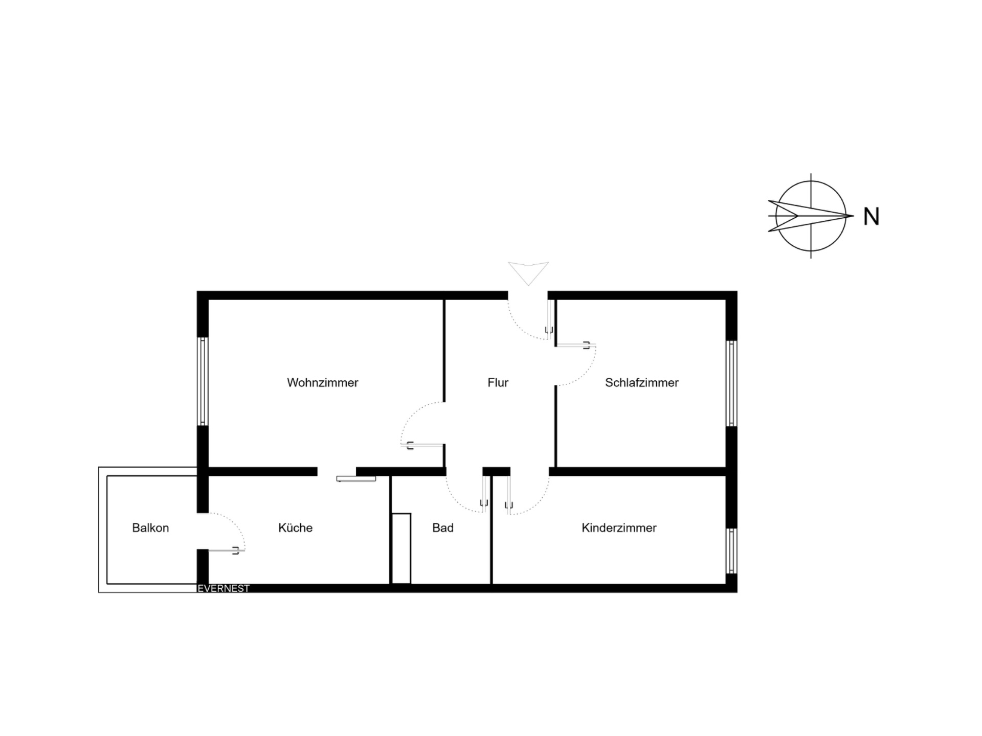 Grundriss mit Wohnzimmer, Schlafzimmer, Kinderzimmer, Küche, Bad, Flur und Balkon.