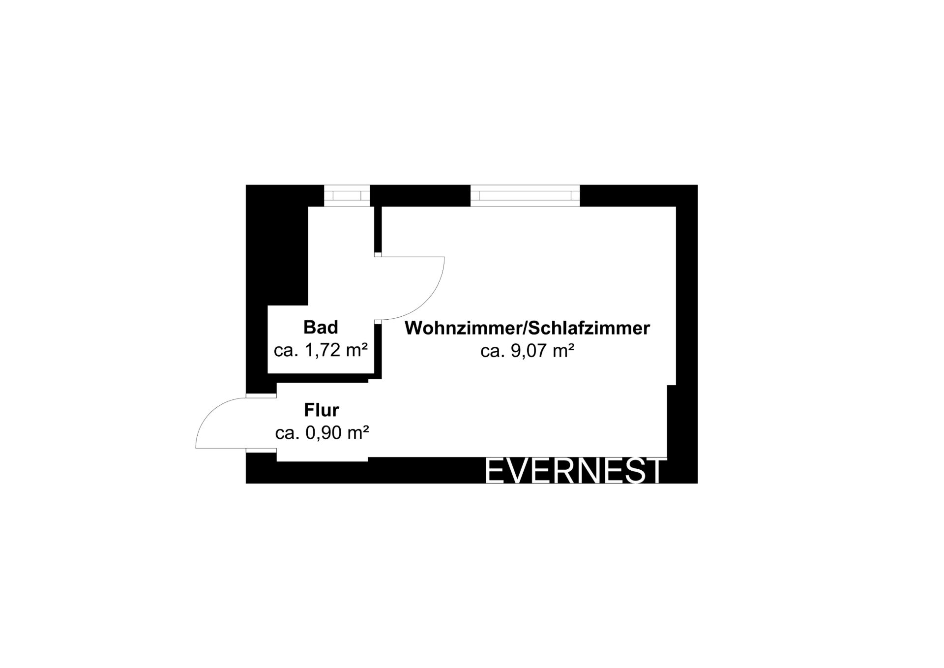 Grundriss mit Flur, Bad und Wohnzimmer/Schlafzimmer, Flächenangaben in Quadratmetern.