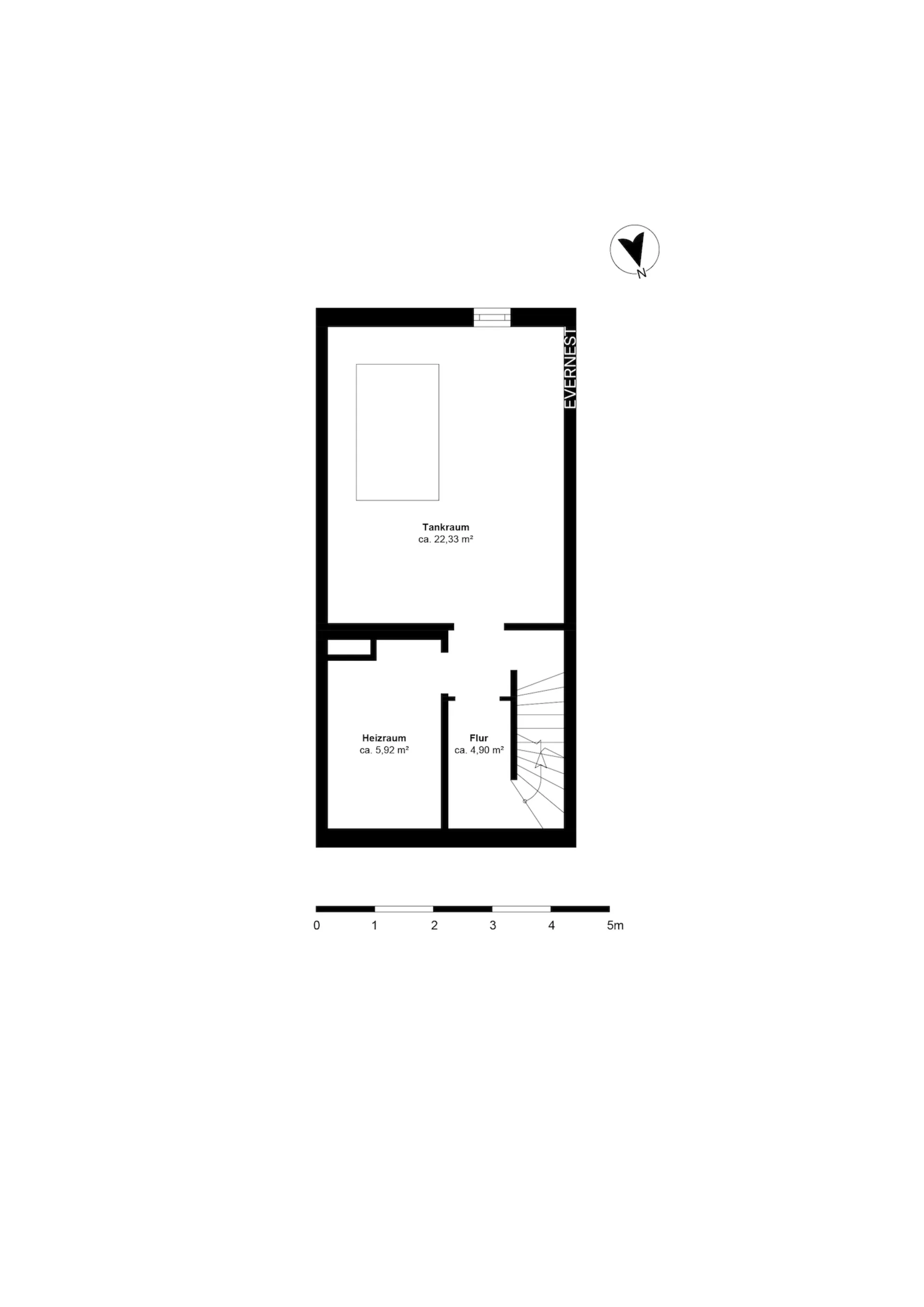 Grundriss mit Tankraum, Heizraum und Flur, Flächenangaben in Quadratmetern.