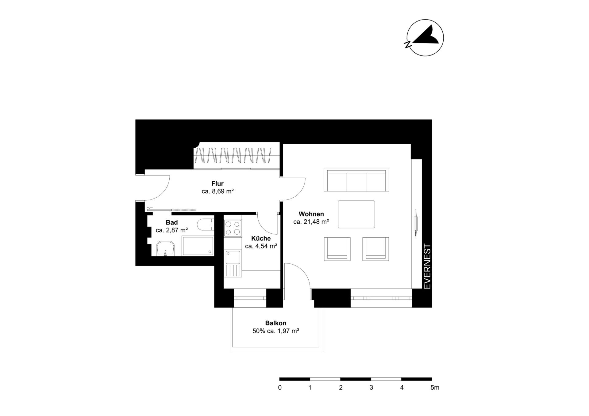 Wohnungsgrundriss mit Bad, Flur, Küche, Wohnbereich und Balkon, Räume sind beschriftet.