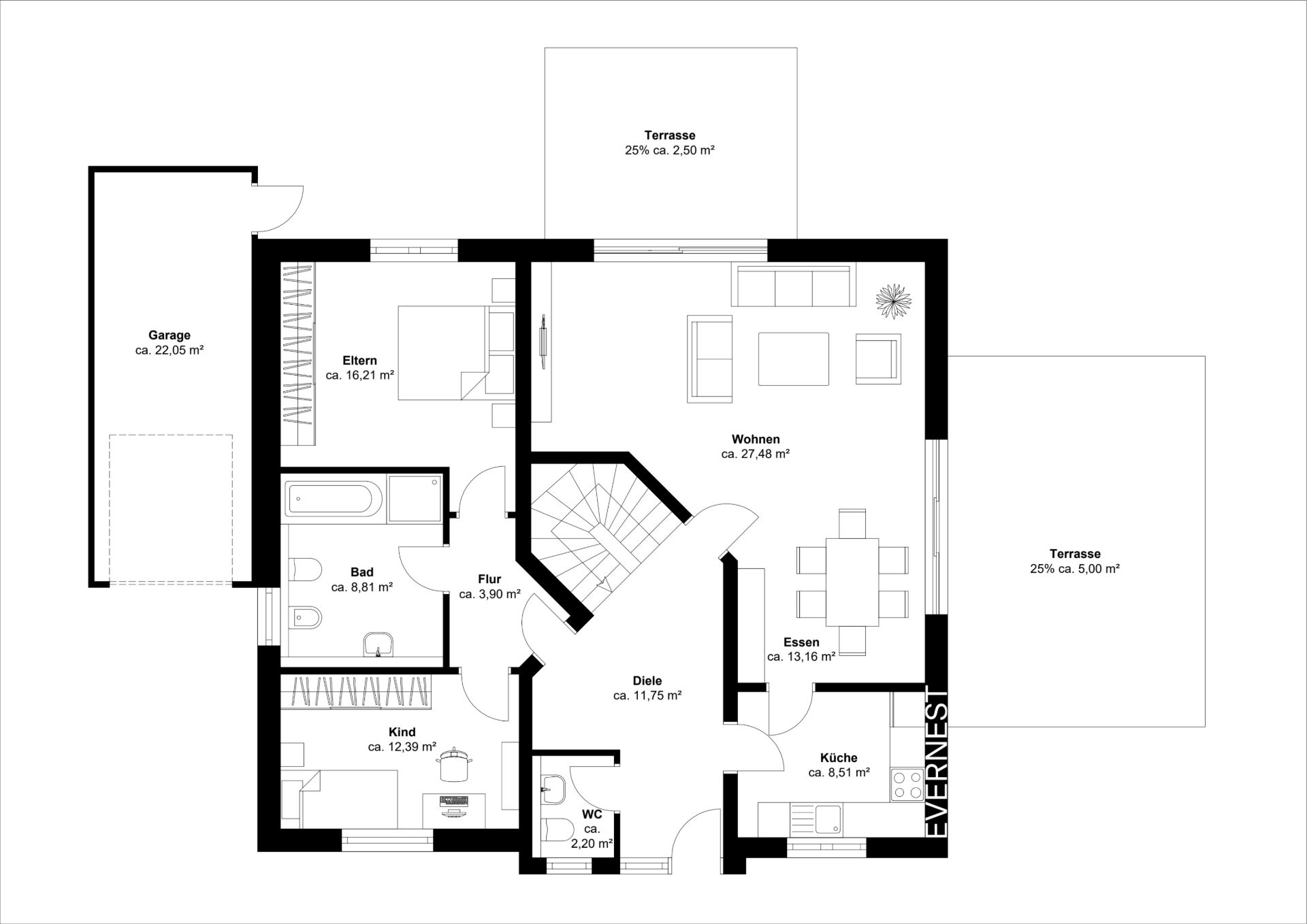 Grundriss eines Wohnhauses mit Garage, Terrasse, Wohnzimmer, Küche und weiteren Räumen.