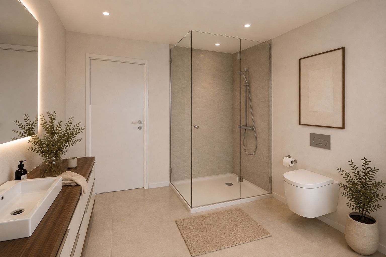 Modernes Badezimmer mit Glasdusche, Waschbecken, WC und Pflanzen auf hellem Boden.