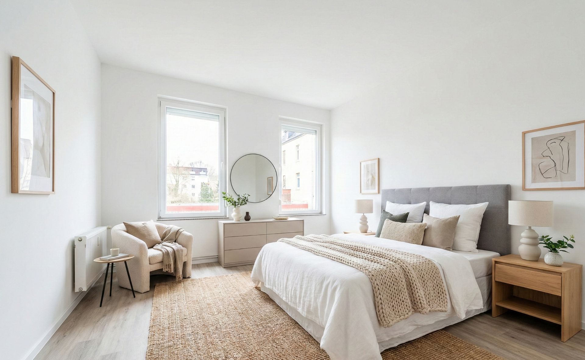 Helles Schlafzimmer mit Doppelbett, zwei Fenstern, Teppich, Sessel und Kommode mit rundem Spiegel.