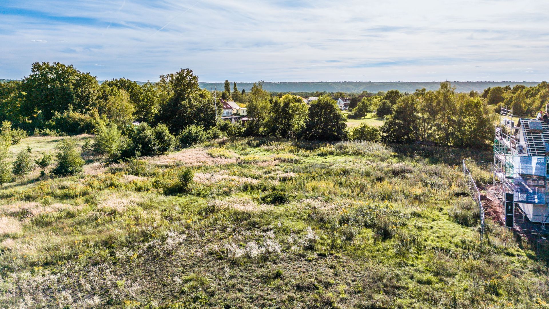 Grünes, bewachsenes Grundstück mit Bäumen und angrenzender Baustelle rechts.