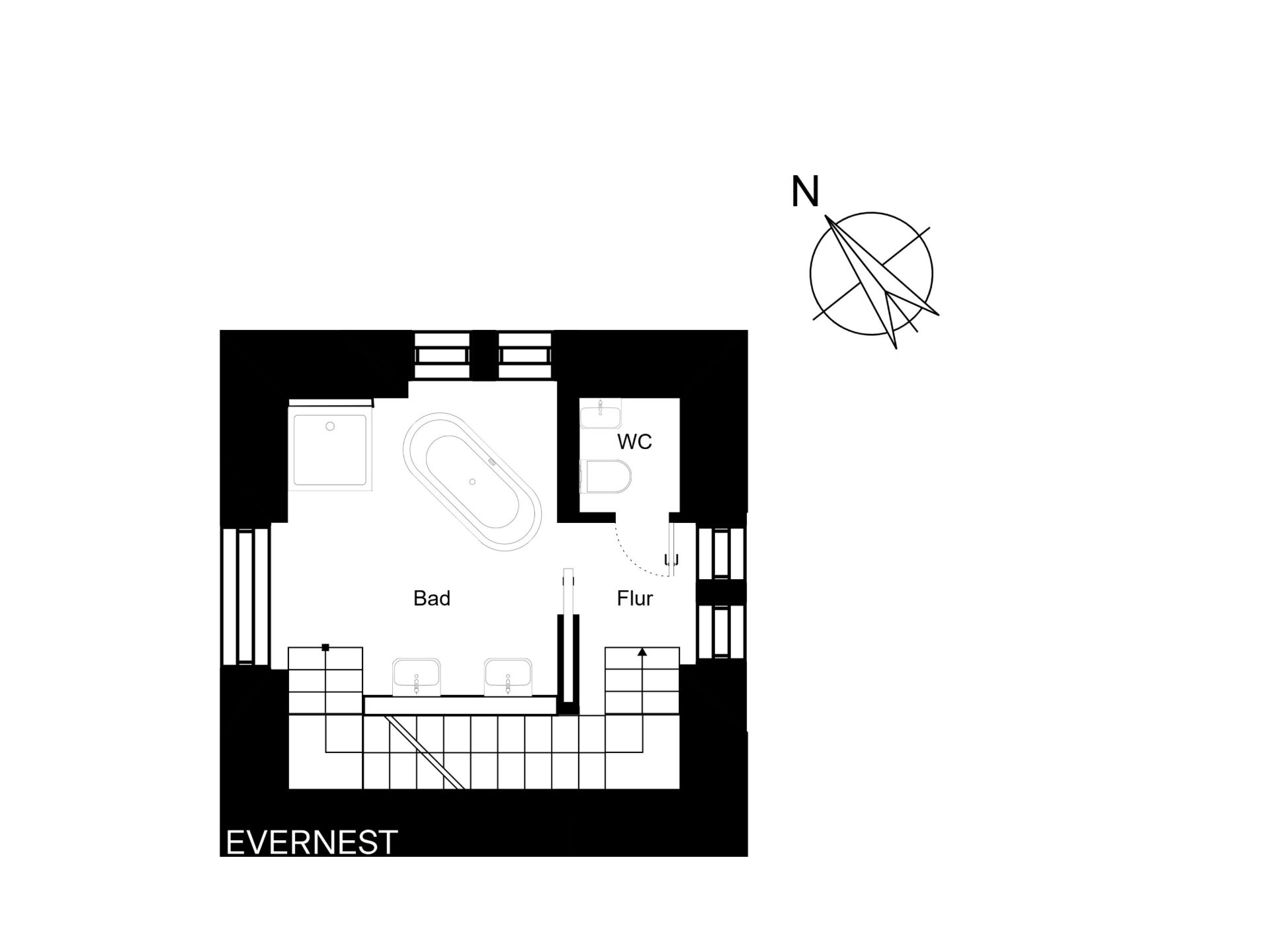 Grundriss zeigt ein Badezimmer, ein WC und einen Flur mit Treppe.
