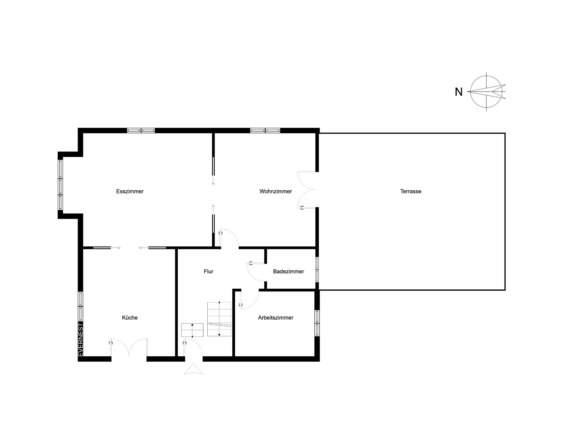 Grundriss mit Küche, Esszimmer, Wohnzimmer, Badezimmer, Arbeitszimmer, Flur und Terrasse.