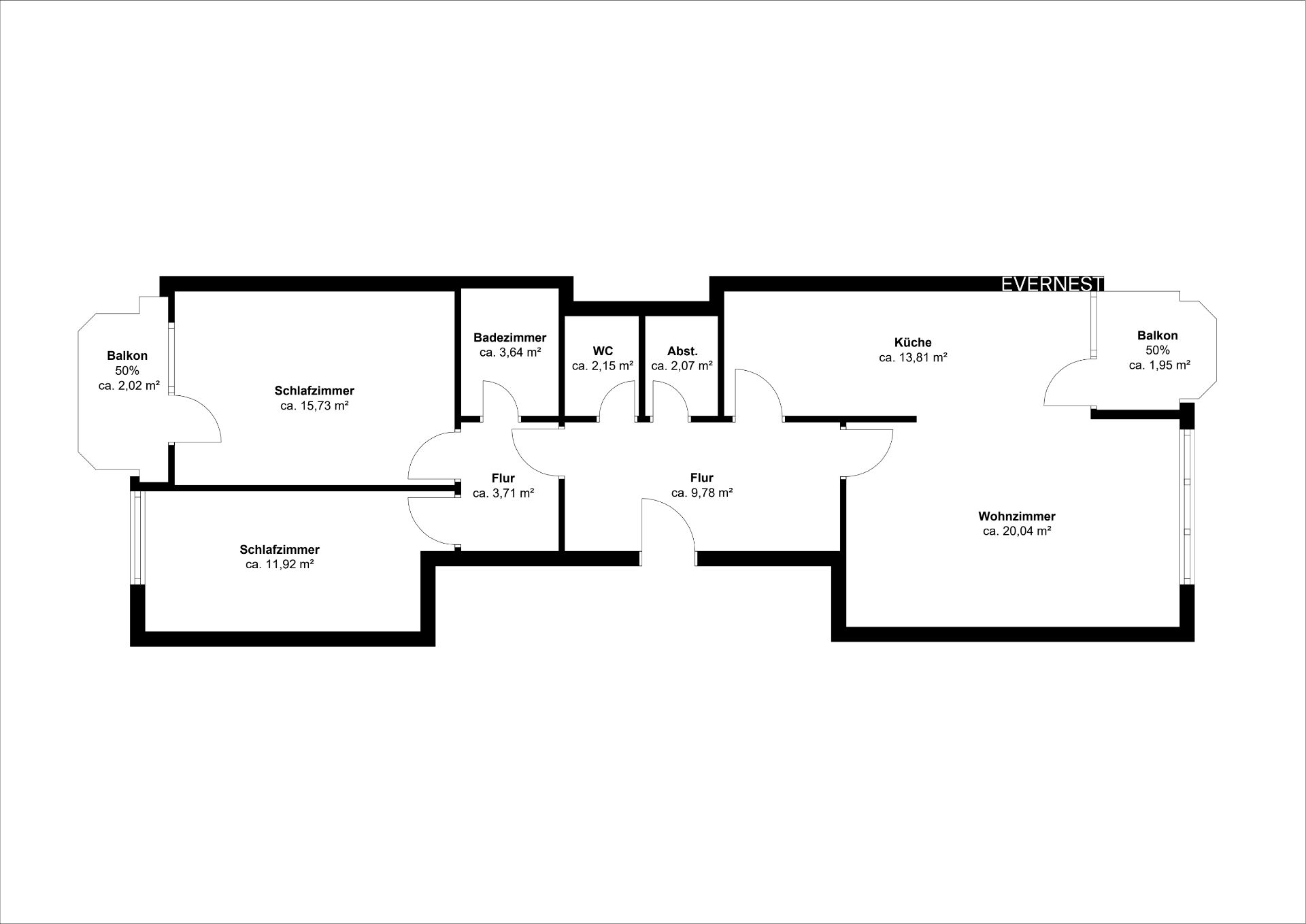 Grundriss einer Wohnung mit zwei Schlafzimmern, Wohnzimmer, Küche, Bad, WC, Abstellraum und zwei Balkonen.