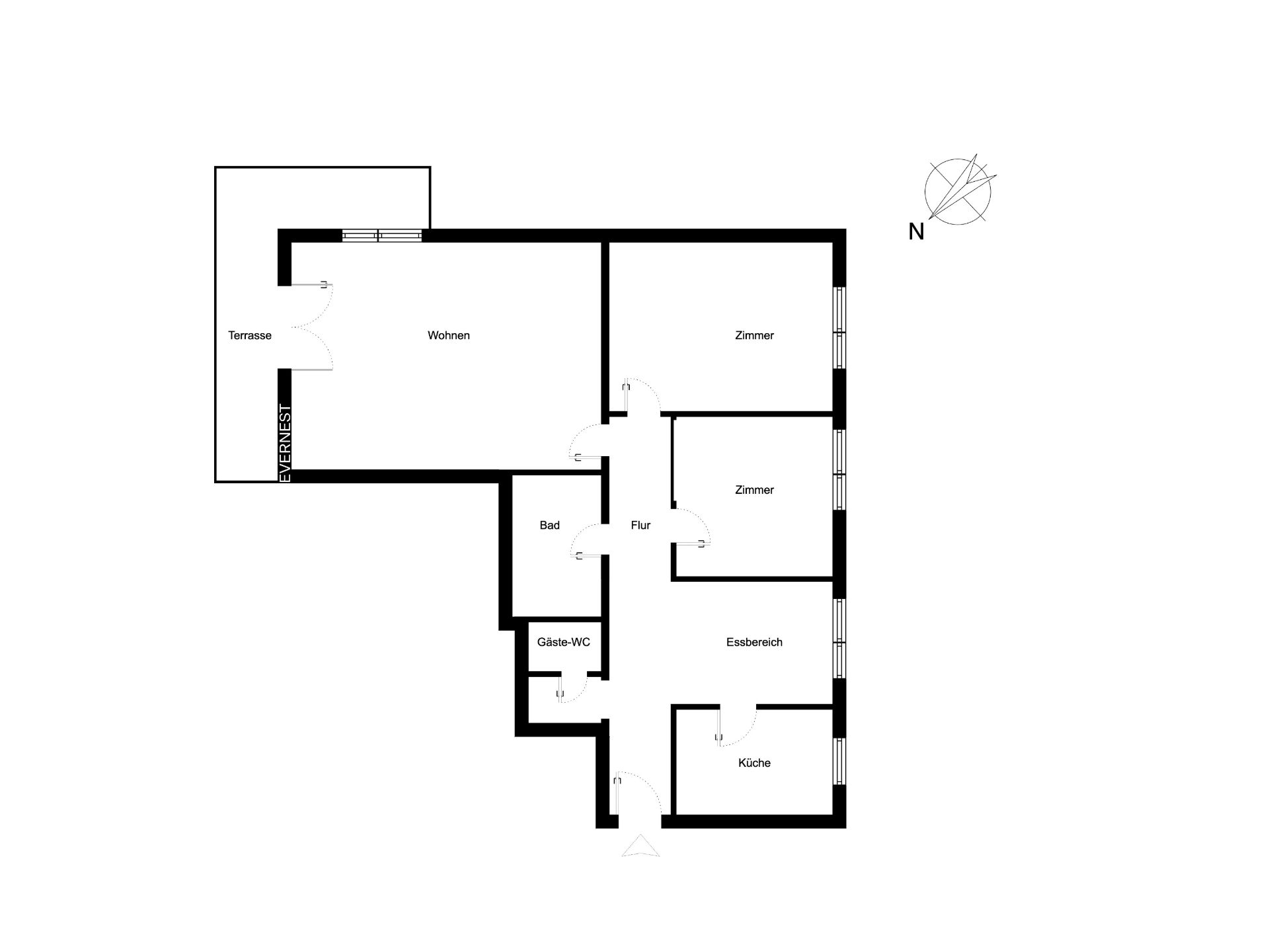 Grundriss einer Wohnung mit Terrasse, Wohnzimmer, zwei Zimmern, Küche, Essbereich, Bad und Gäste-WC.
