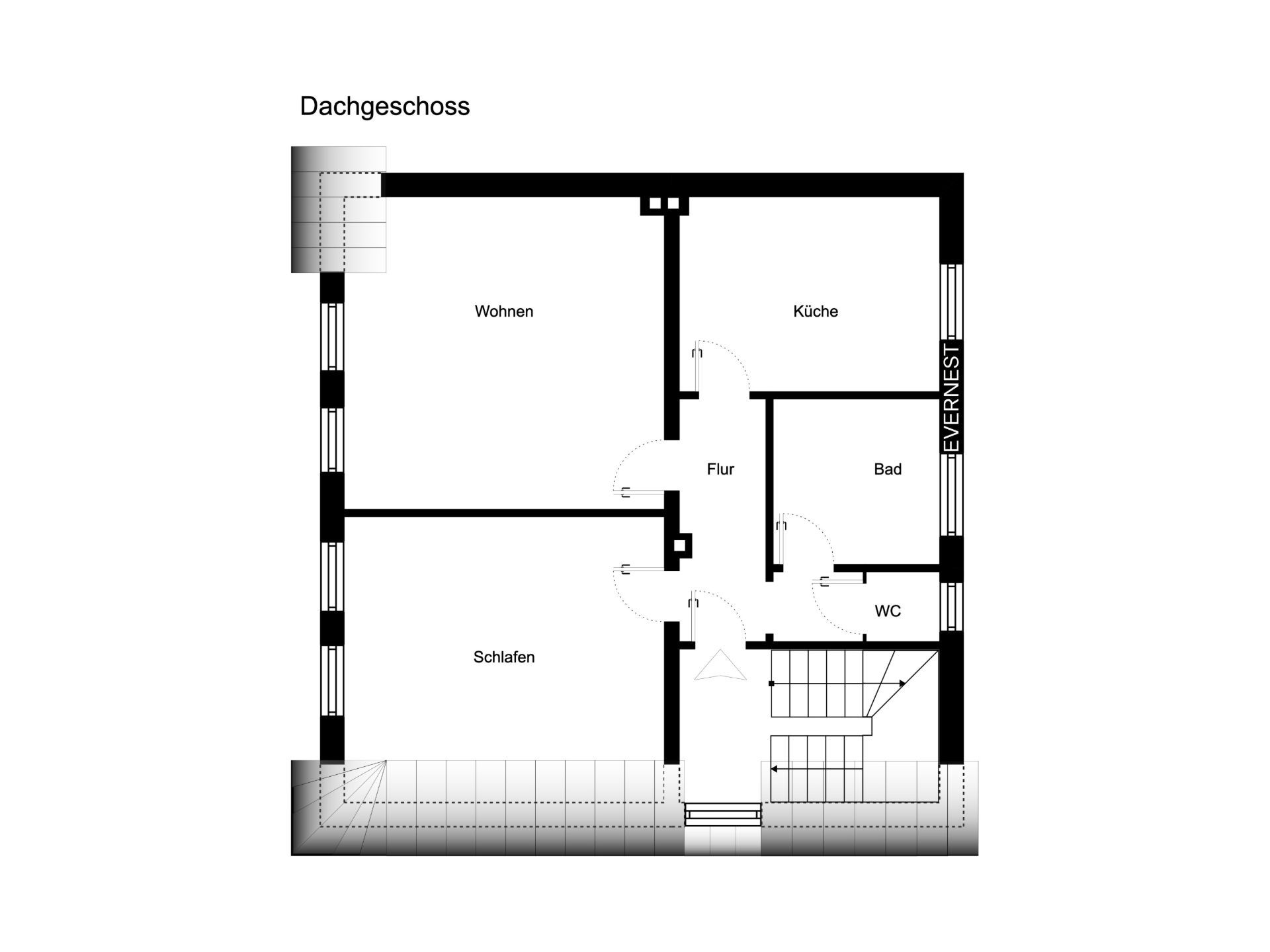 Grundriss eines Dachgeschosses mit Wohn-, Schlaf-, Küchen-, Bad- und WC-Raum.