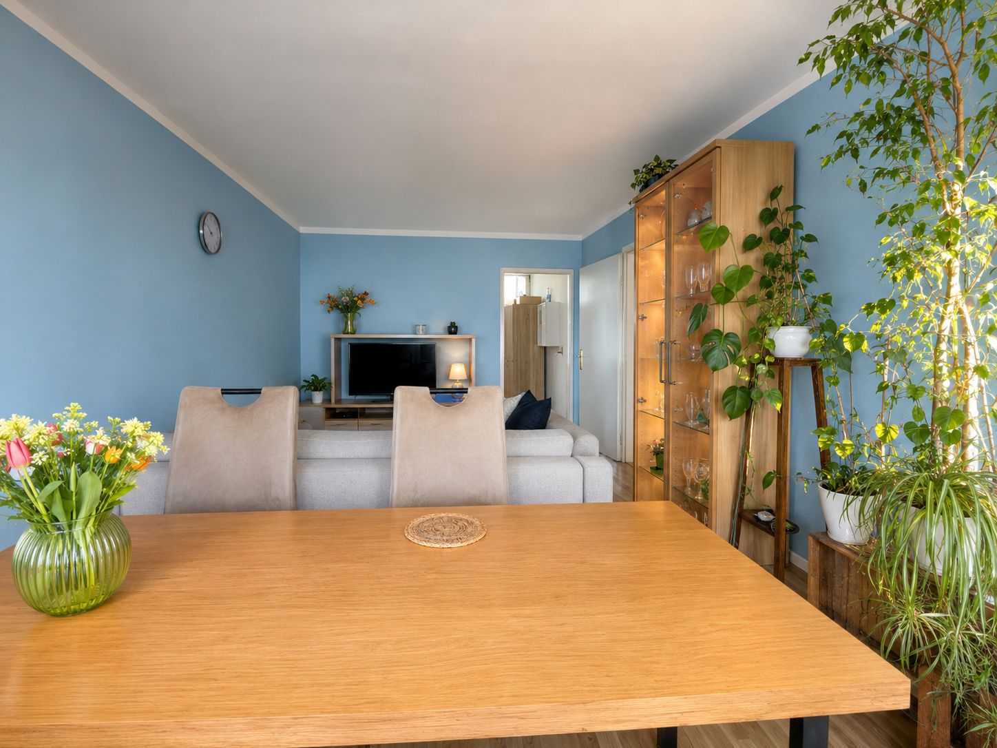 Wohnzimmer mit blau gestrichenen Wänden, Holztisch, Sofa, Regalen und vielen grünen Pflanzen.