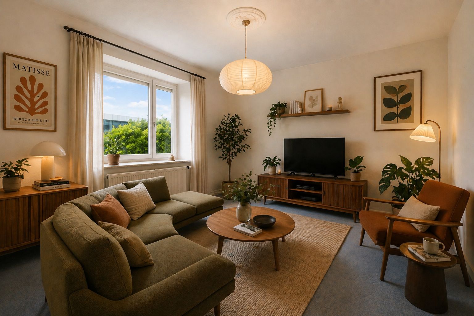 Helles Wohnzimmer mit grünem Sofa, Sessel, Couchtisch, Fernseher und vielen Pflanzen.