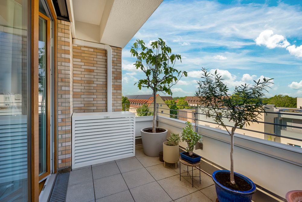 Balkon mit mehreren großen Pflanzen in Töpfen, Blick auf Nachbarhäuser und blauen Himmel.