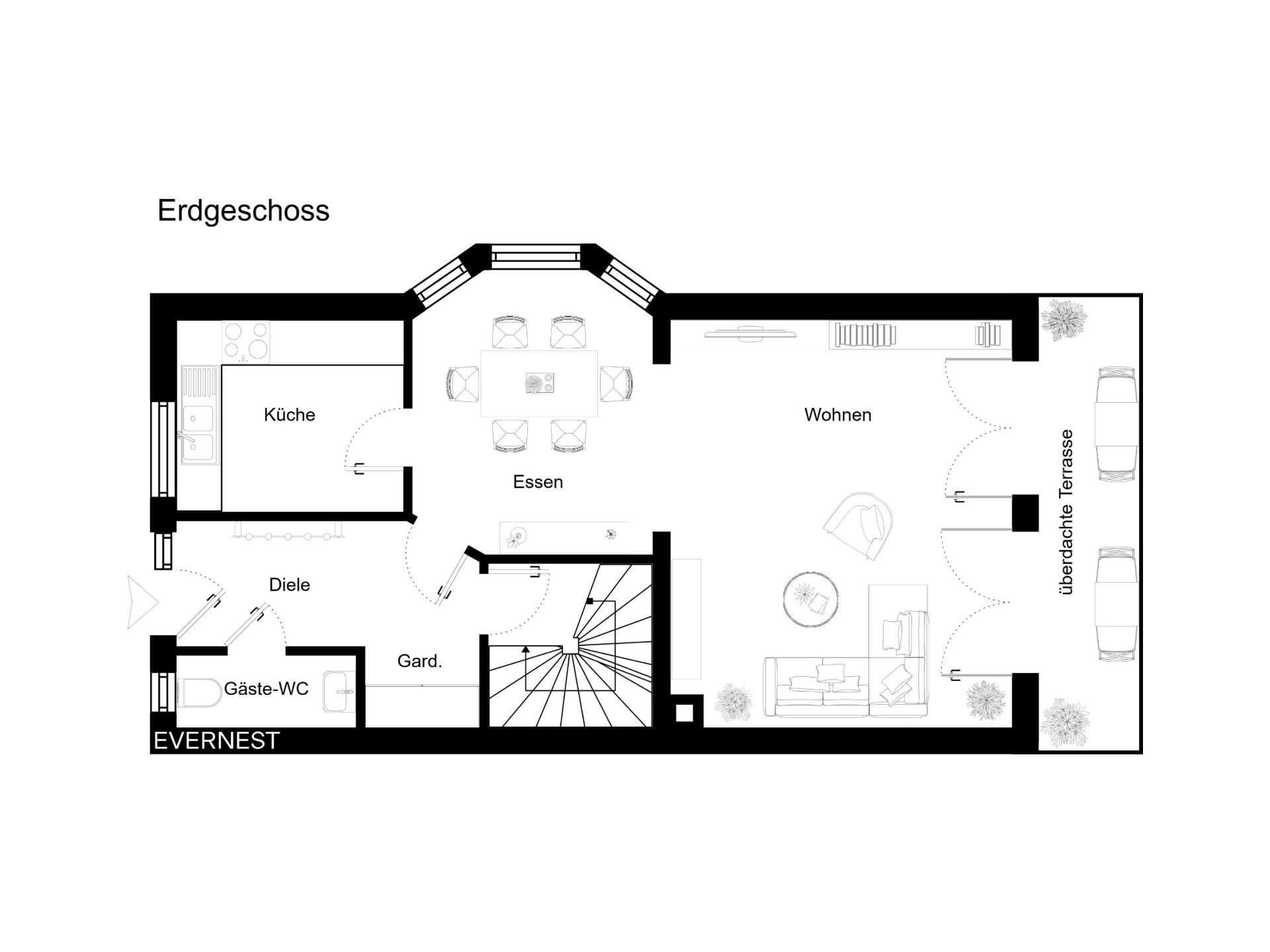 Grundriss des Erdgeschosses mit Küche, Essbereich, Wohnzimmer, Gäste-WC und Terrasse.
