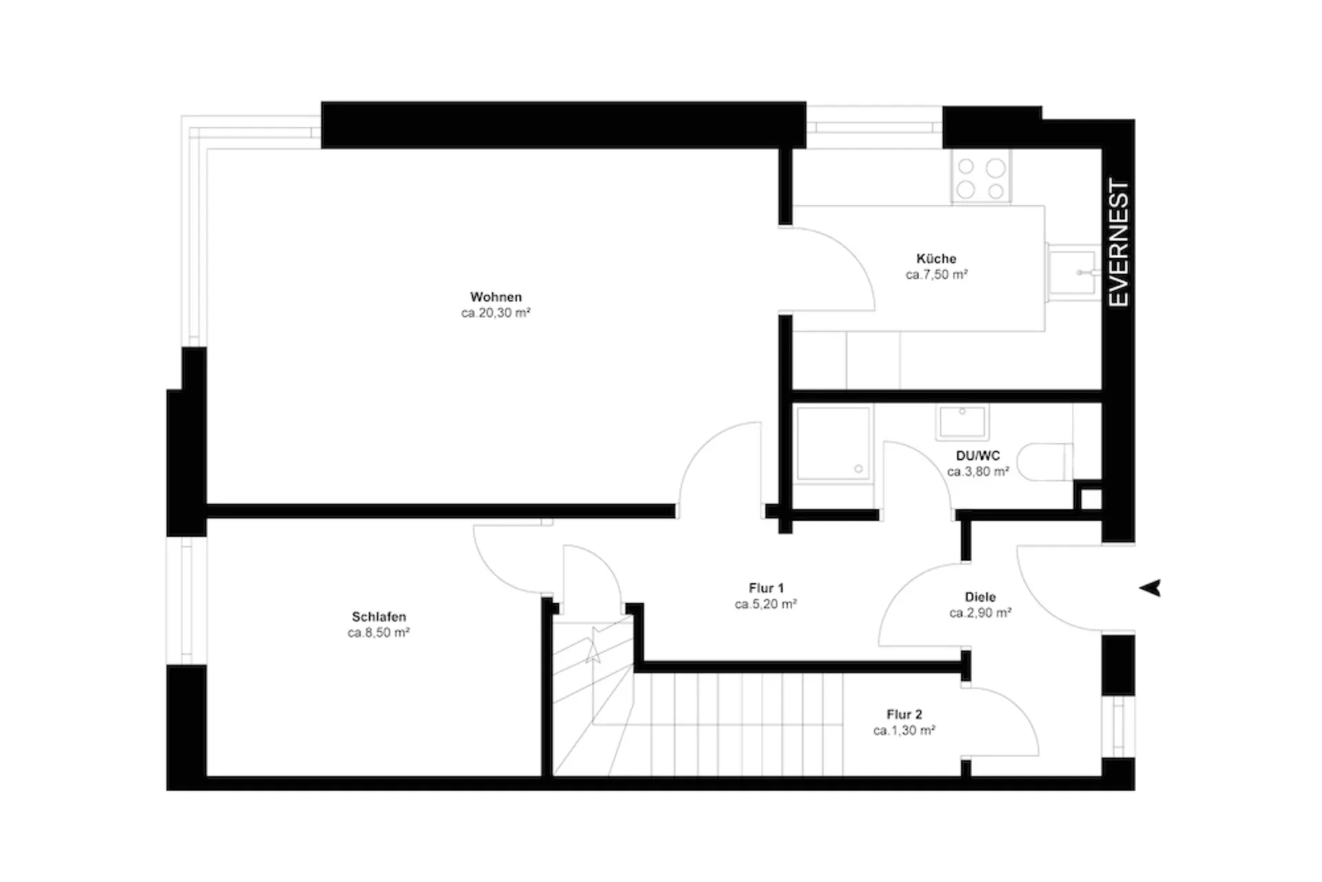 Grundriss einer Wohnung mit Wohn-, Schlaf-, Küchen- und Badezimmer sowie Flur und Diele.