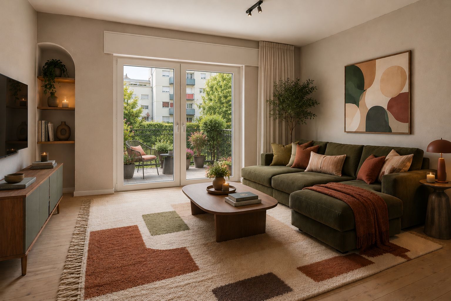 Modernes Wohnzimmer mit grünem Sofa, Holztisch, Teppich und Zugang zu einem Balkon mit Pflanzen.