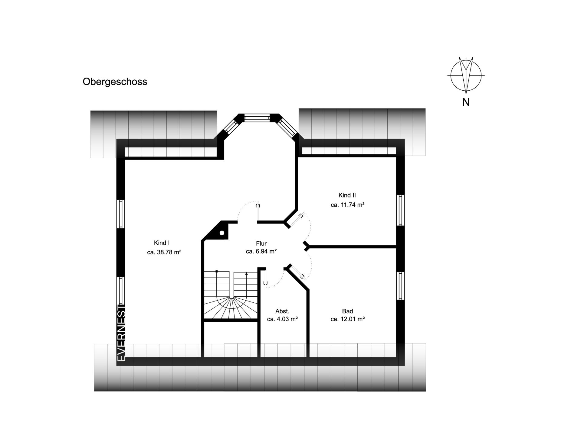 Grundriss des Obergeschosses mit zwei Kinderzimmern, Bad, Flur und Abstellraum.