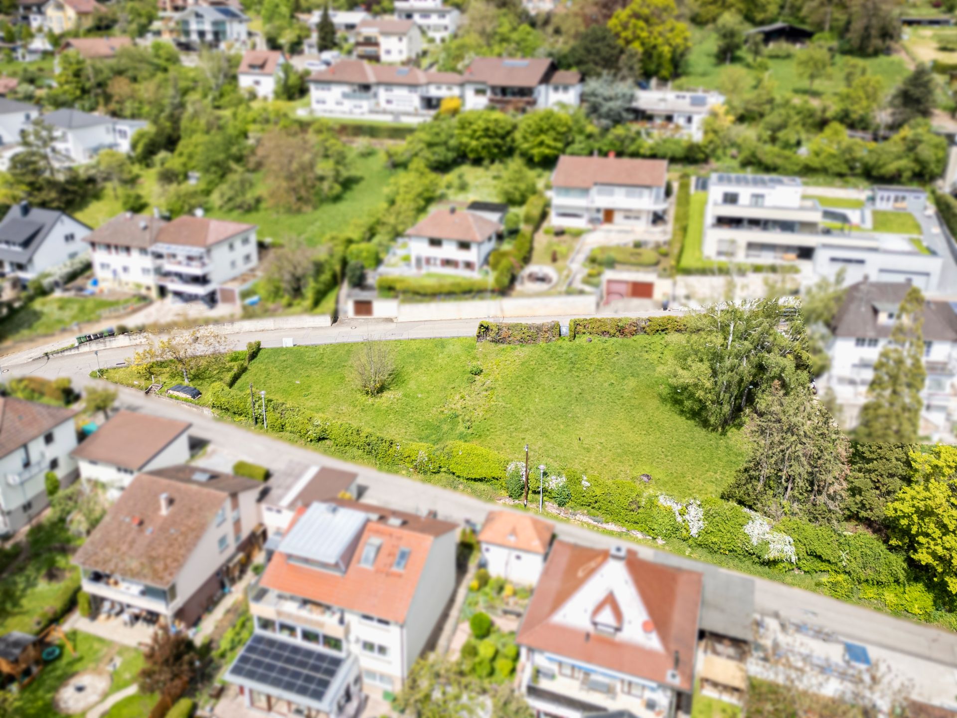 Luftaufnahme eines grünen, unbebauten Grundstücks zwischen Wohnhäusern in einer Wohngegend.