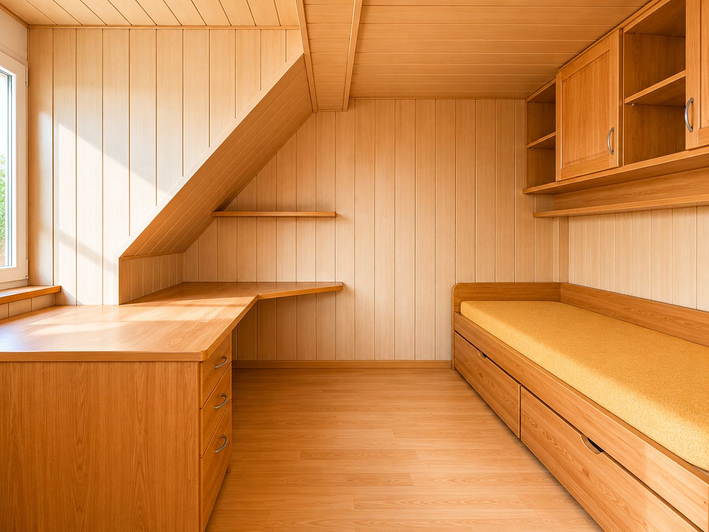 Helles Zimmer mit Holzverkleidung, eingebautem Schreibtisch, Bett und Regalen.