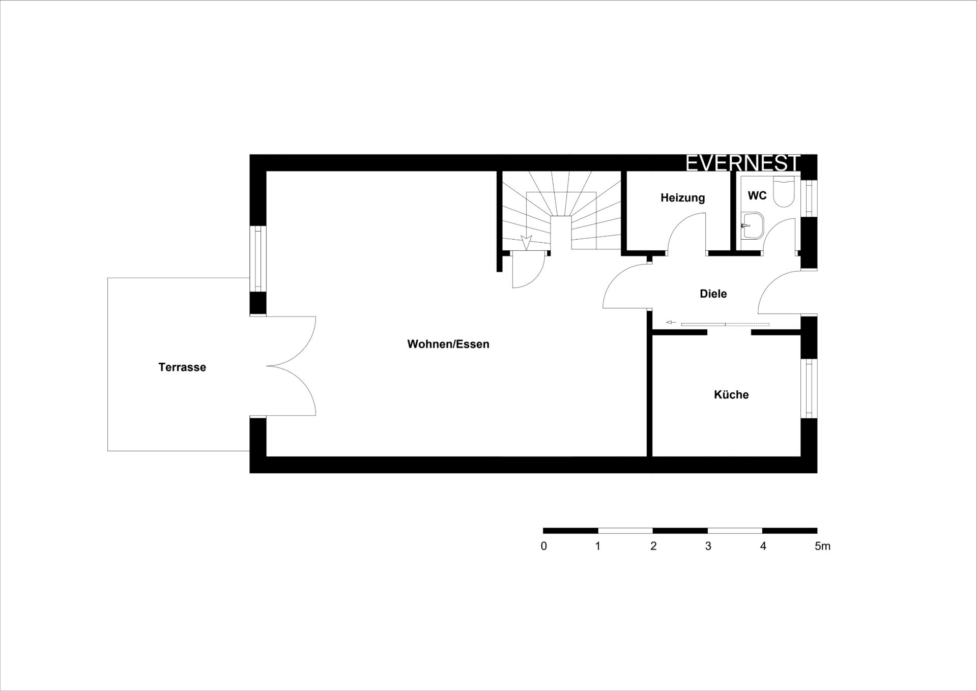 Grundriss eines Hauses mit Terrasse, Wohn-/Essbereich, Küche, WC und Diele.