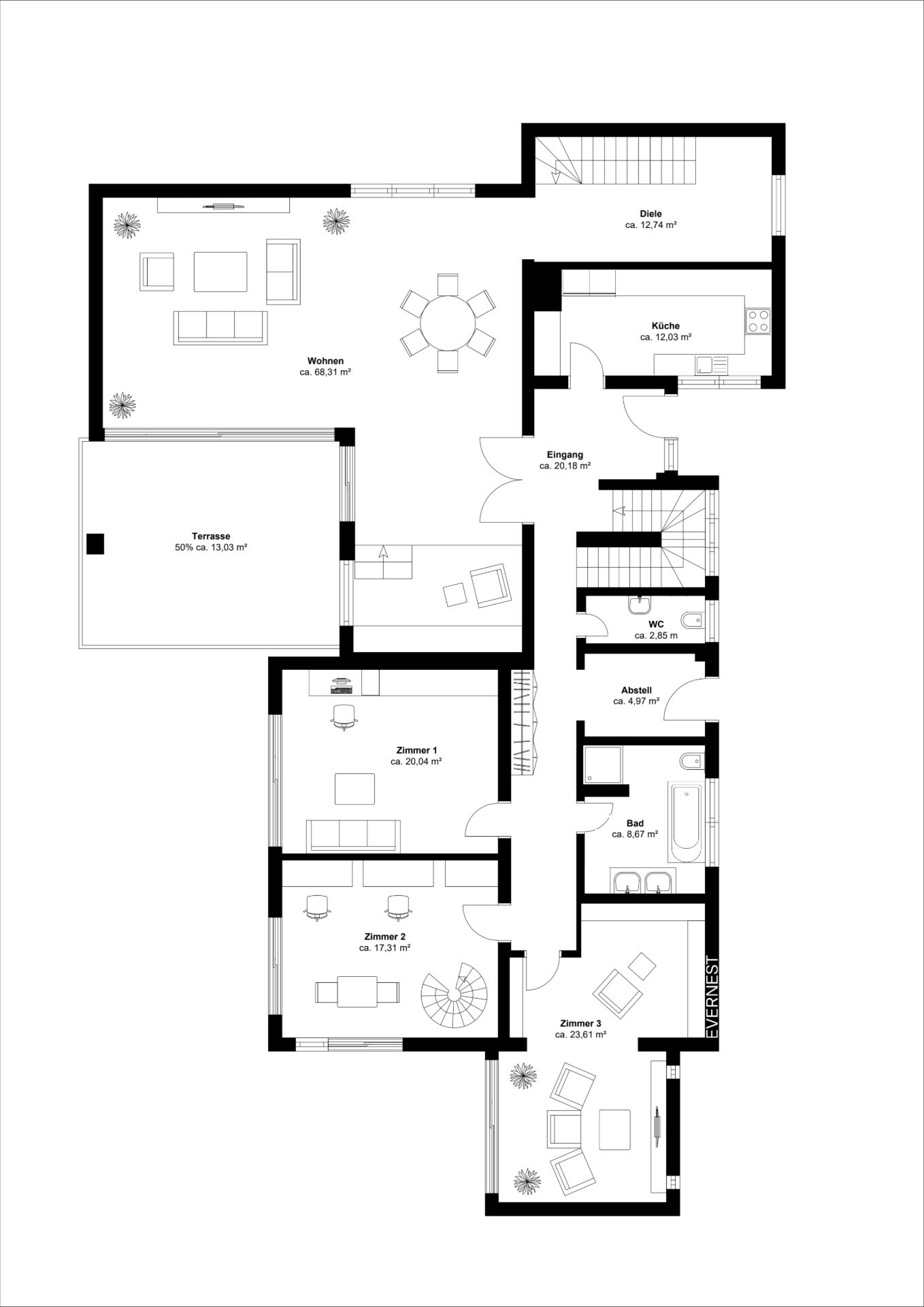 Grundriss einer Wohnung mit drei Zimmern, Wohnzimmer, Küche, Bad, WC, Abstellraum und Terrasse.
