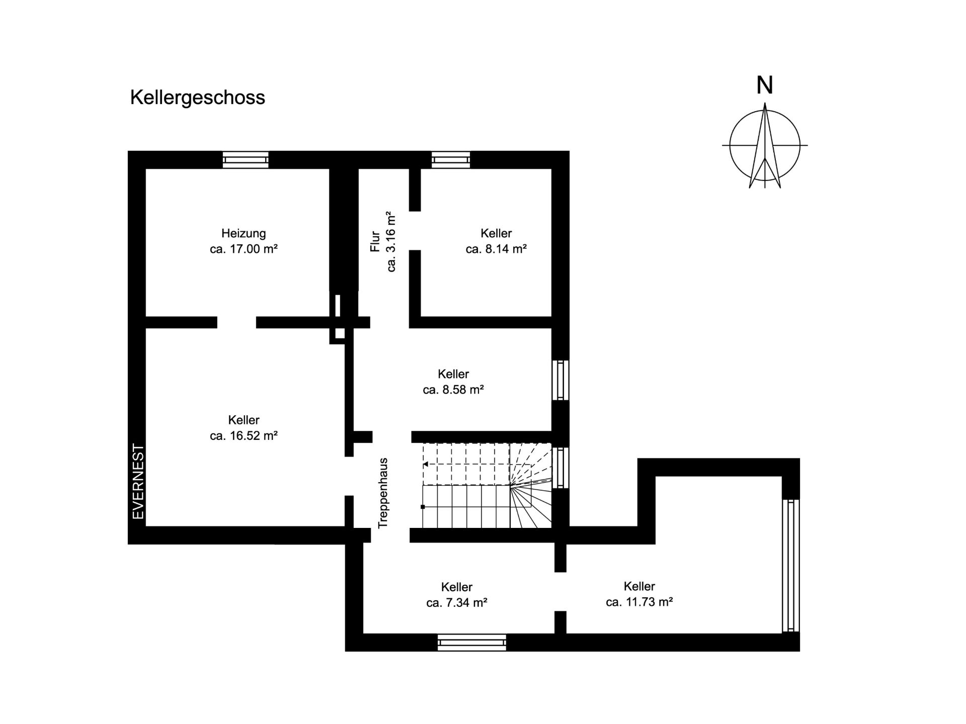 Grundriss des Kellers mit mehreren Kellerräumen, Heizung und Treppenhaus.