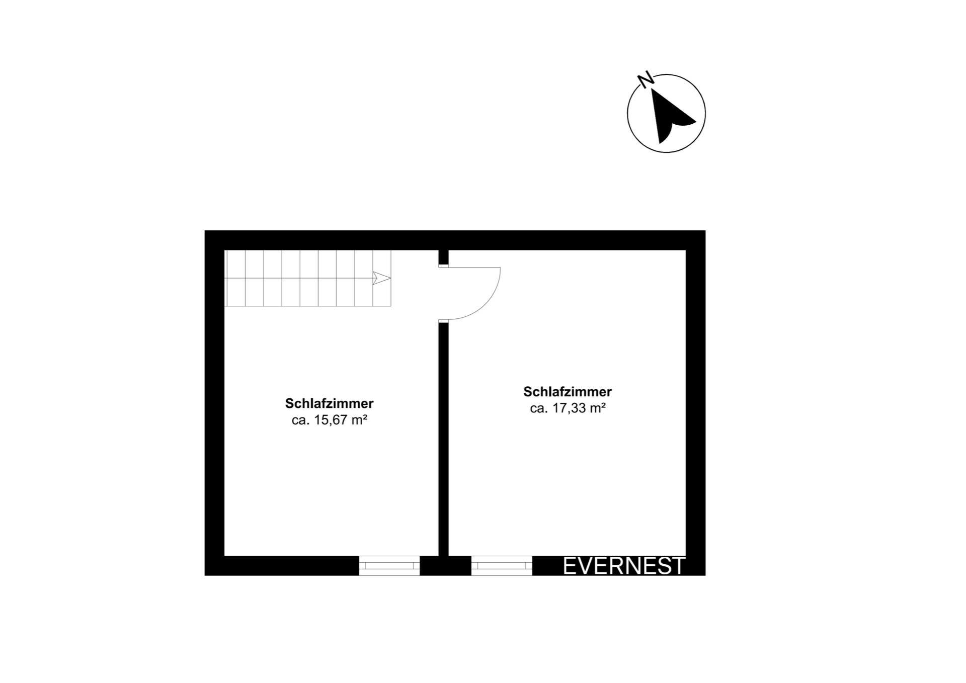 Grundriss mit zwei Schlafzimmern, 15,67 m² und 17,33 m², sowie einer Treppe.