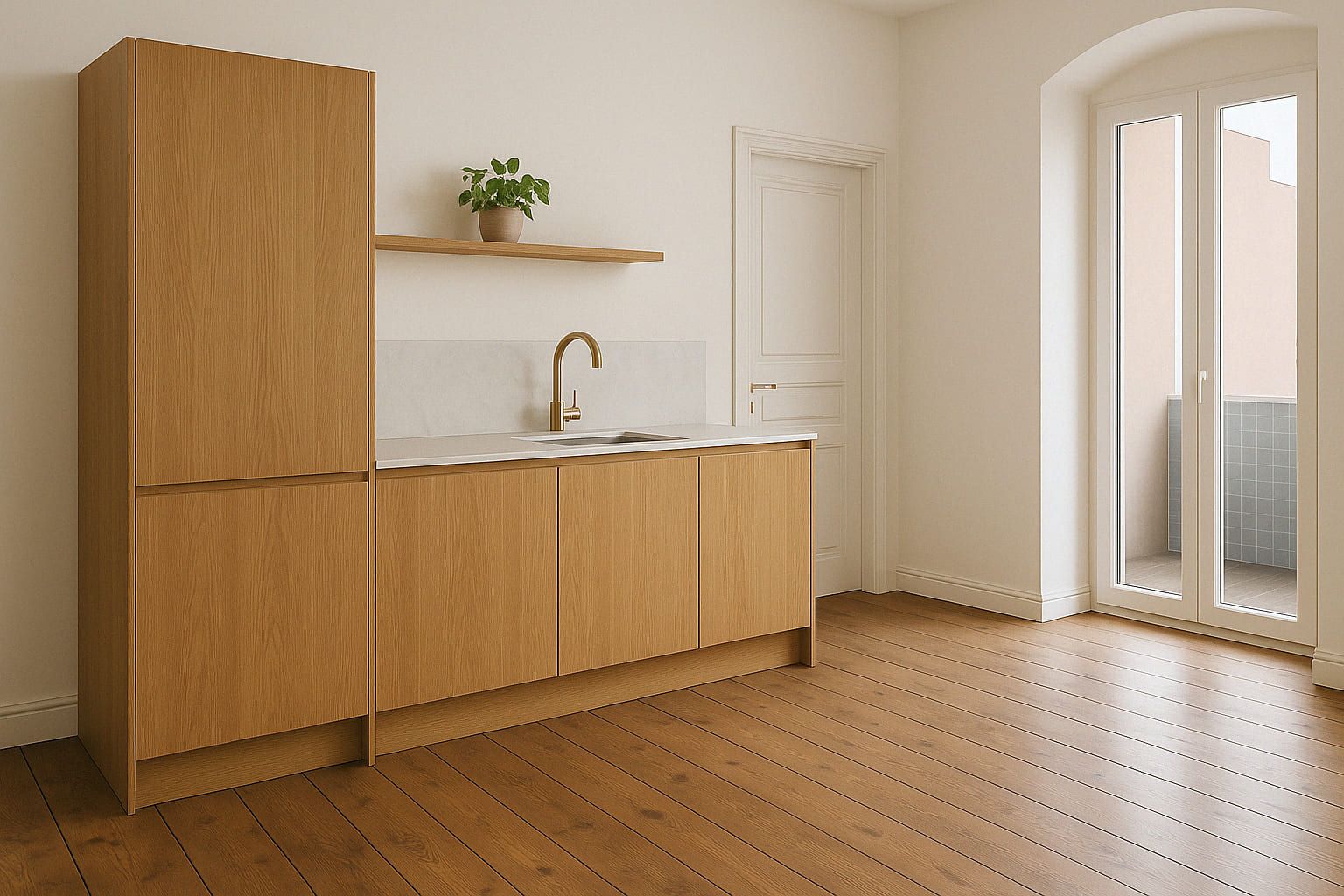 Moderne Küche mit Holzschränken, heller Arbeitsplatte und großem Fenster zur Terrasse.