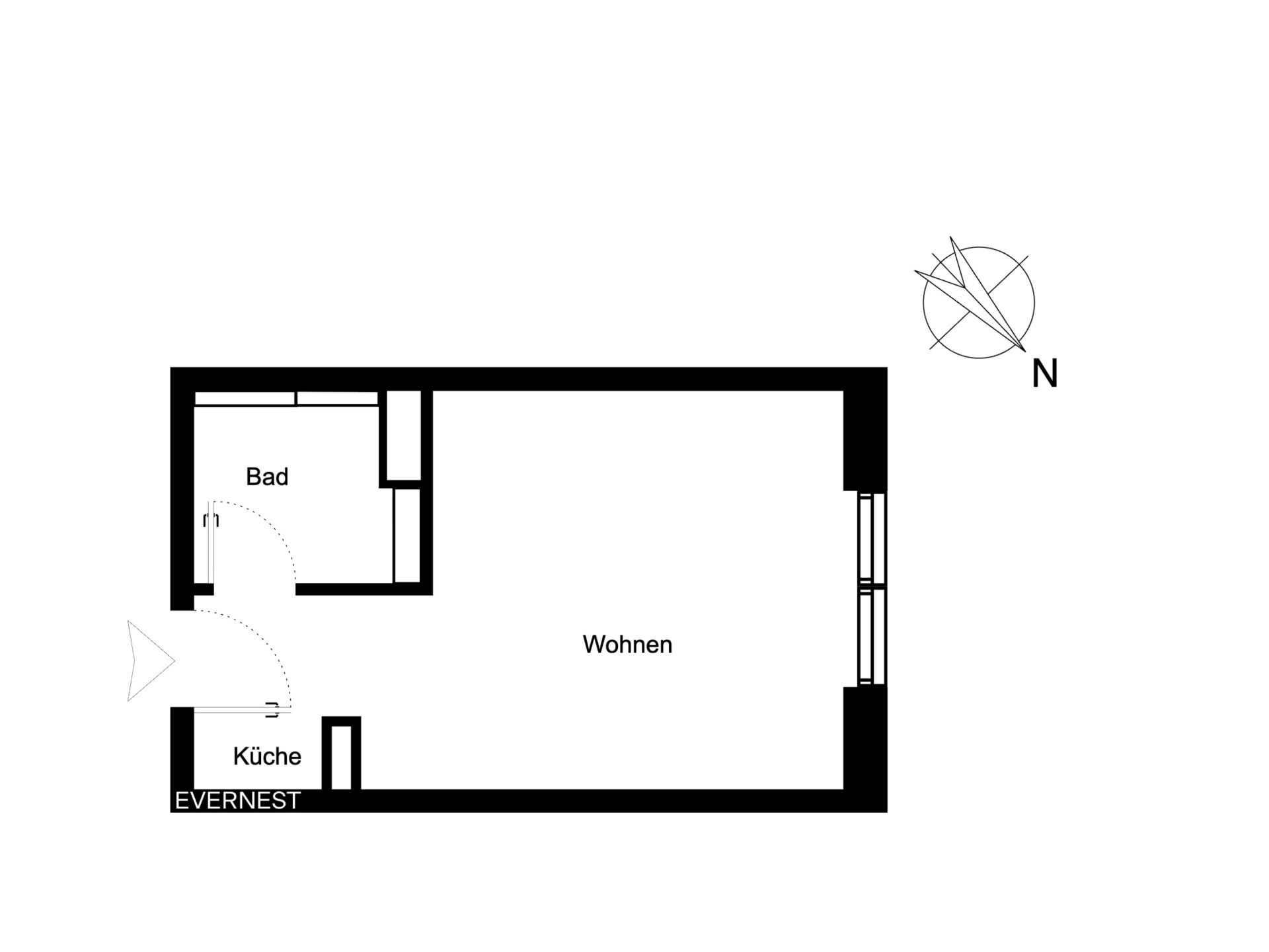 Grundriss mit Wohnbereich, Küche und Bad, Eingang unten links.