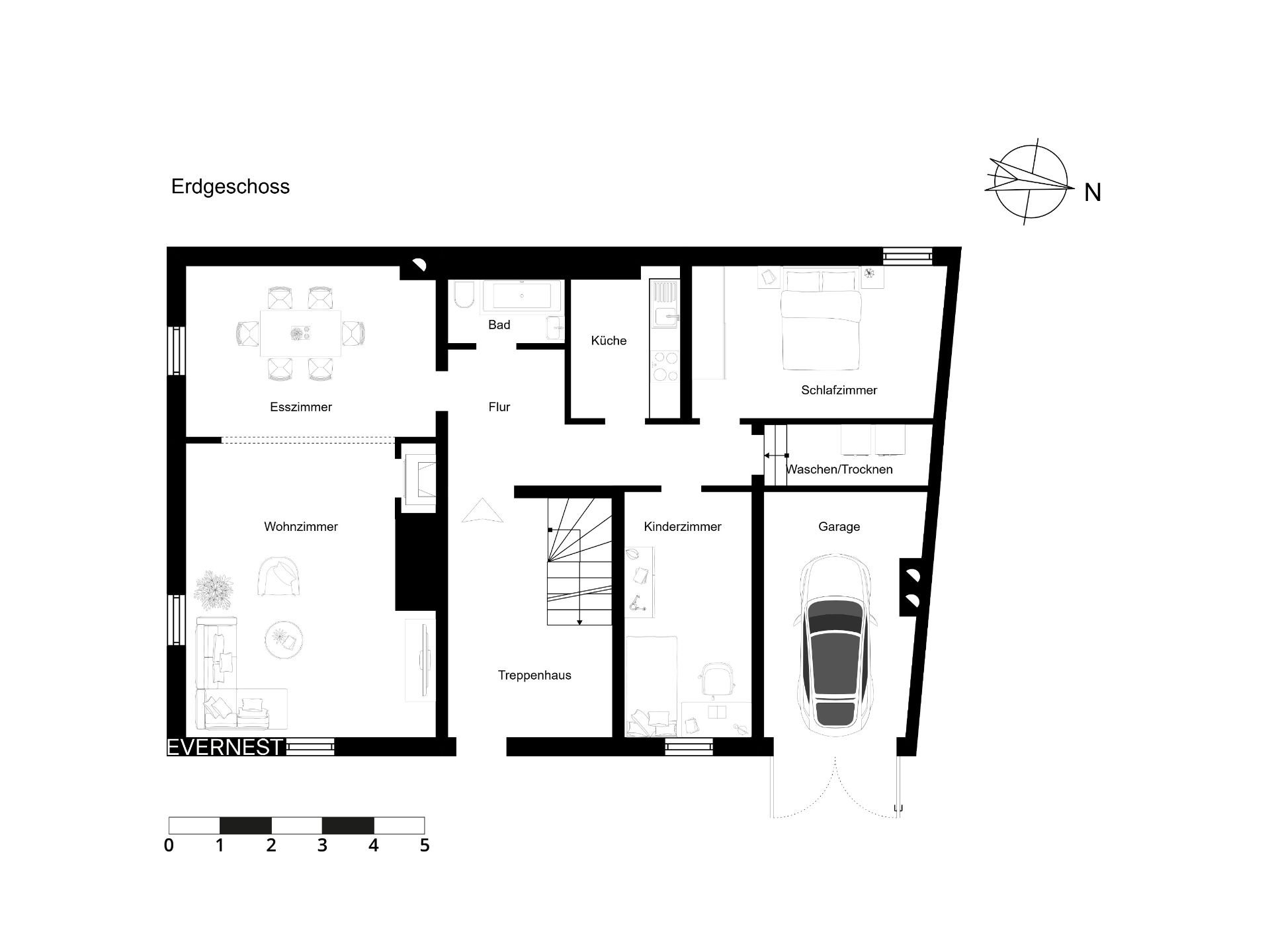 Grundriss des Erdgeschosses mit Wohnzimmer, Esszimmer, Küche, Schlafzimmer, Kinderzimmer und Garage.
