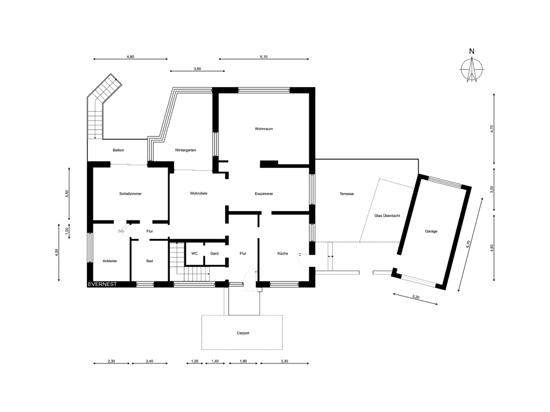 Grundriss eines Hauses mit markierten Räumen wie Wohnzimmer, Schlafzimmer, Küche, Terrasse und Garage.