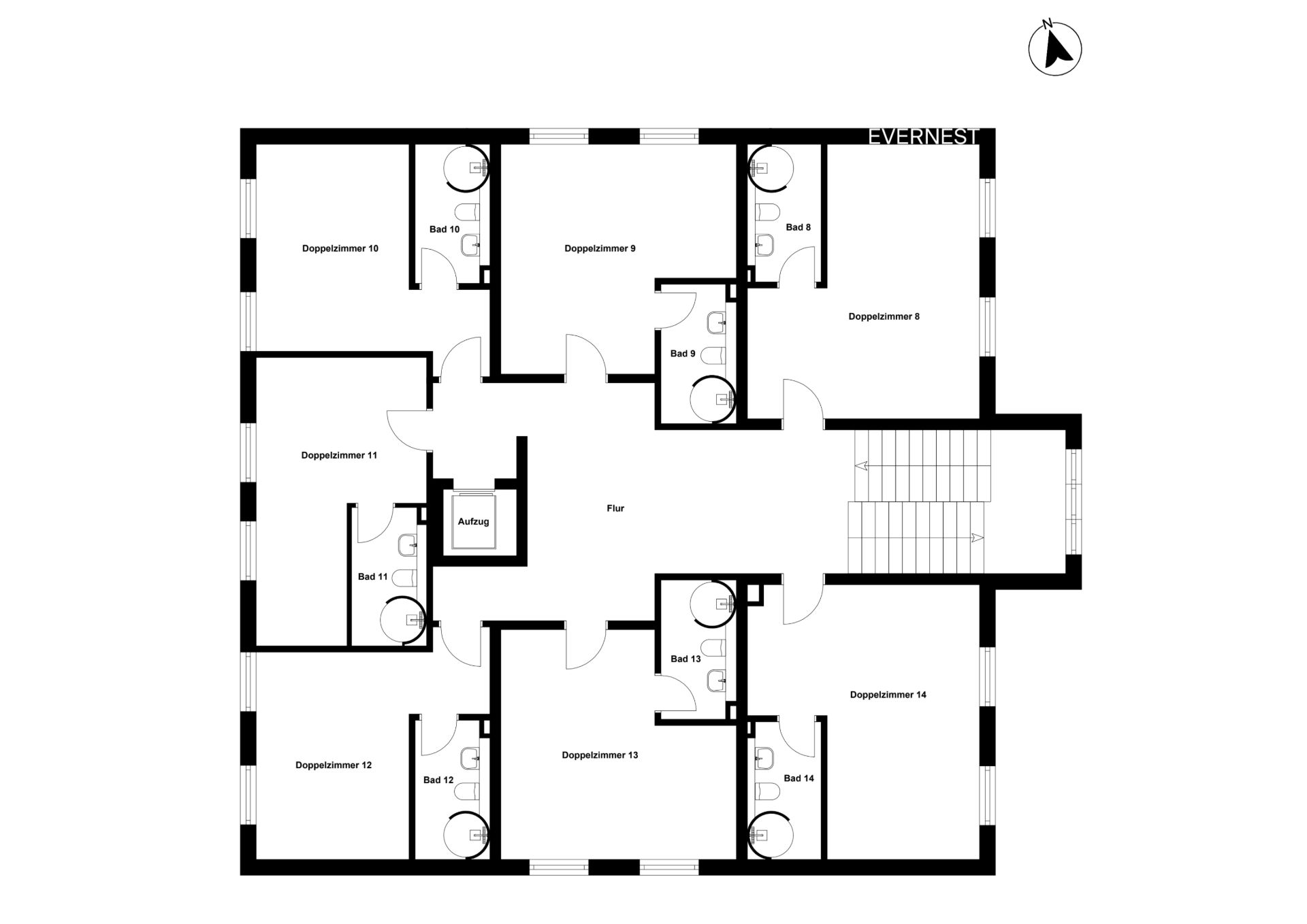 Grundriss mit mehreren Zimmern, Bädern, Flur, Treppe und Aufzug.