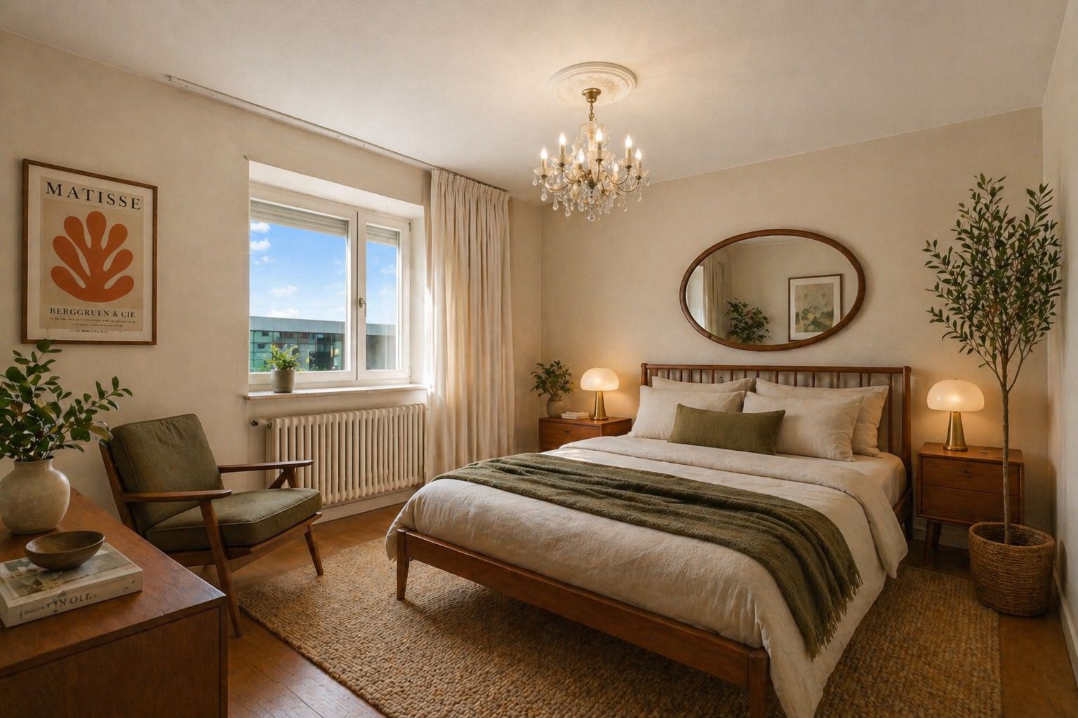 Gemütliches Schlafzimmer mit großem Bett, Sessel, Holzkommode und Fenster, dekoriert mit Pflanzen und Wandbildern.